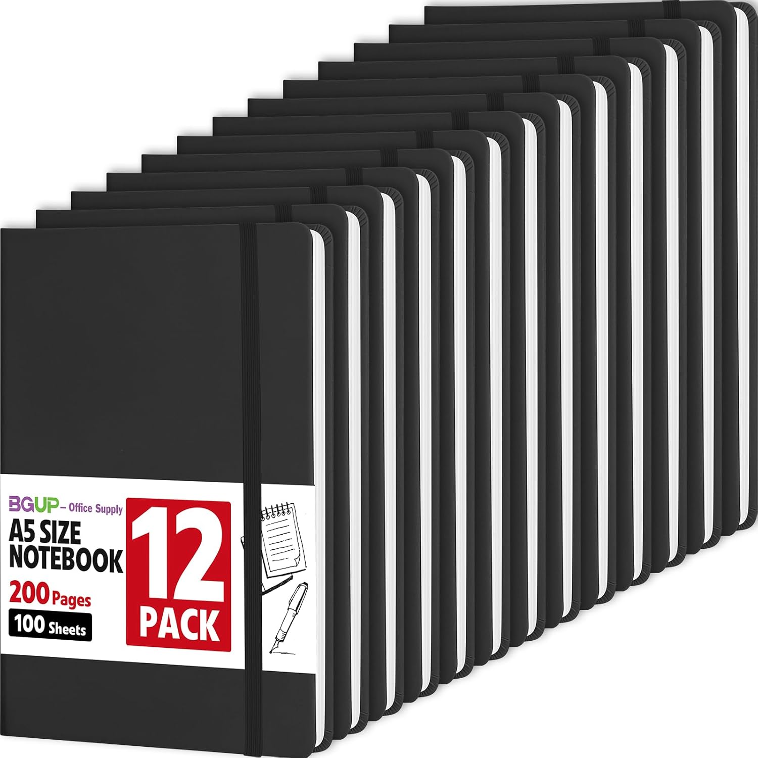 12 Pack Lined Journal Notebook for Work, 200 Pages, Medium 5.5 in x 8.3 in, A5 College Ruled, Hardcover Journaling Notebooks for Writing, Note Taking, Fit for Business Work School Home (Black)