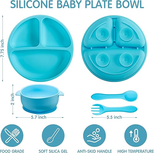 Miniatura 2 de Juego de 9 platos de succión de silicona para bebés y niños pequeños con ventosa, juego de utensilios para niños, platos divididos, juego de