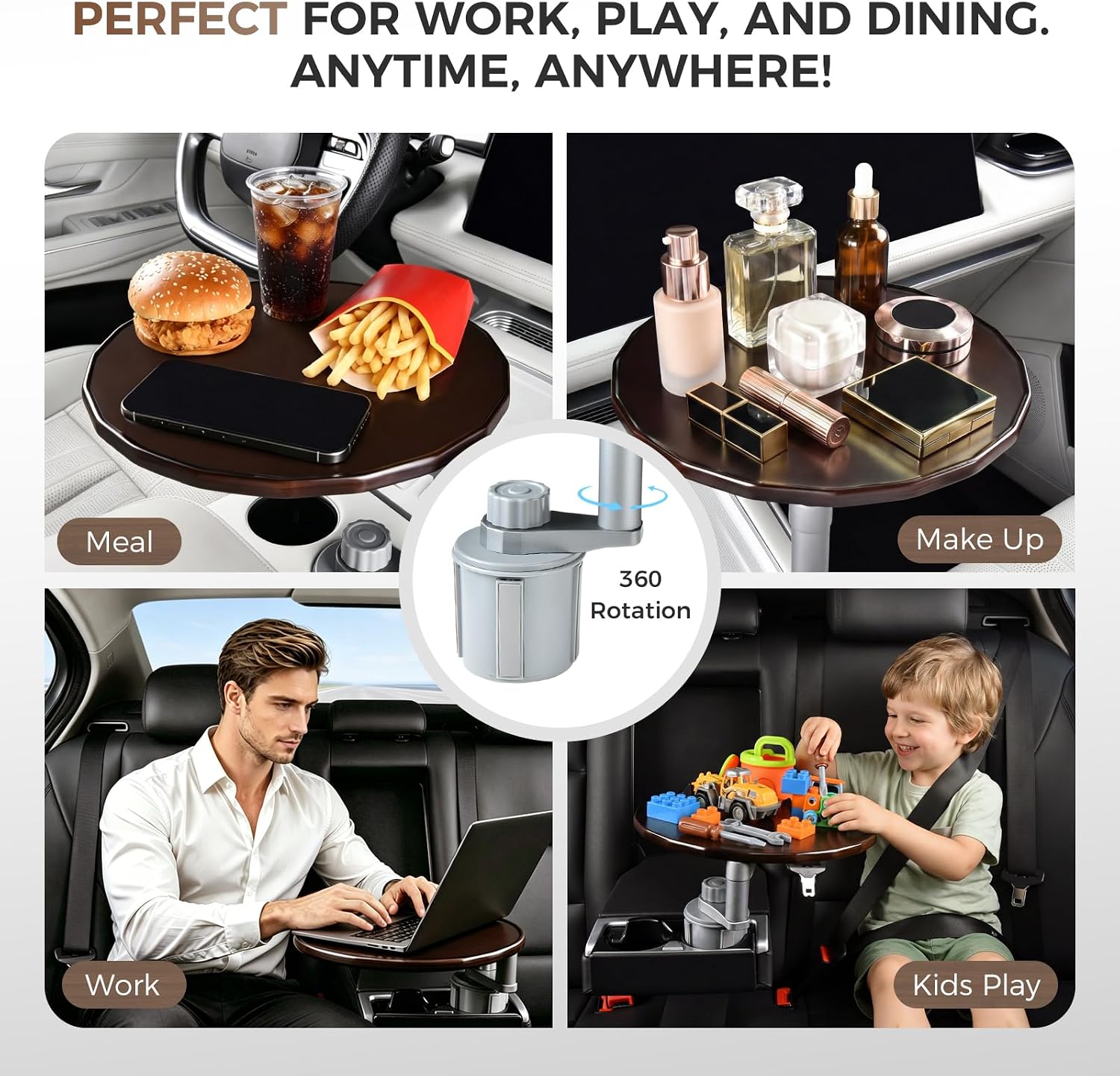 Wooden Car Tray Table with 360° Rotation, Height-Adjustable Car Desk for Laptop, Detachable Car Trays for Eating, Sturdy Steering Wheel Tray, Car Accessories Compatible with Tesla & Most Vehicles
