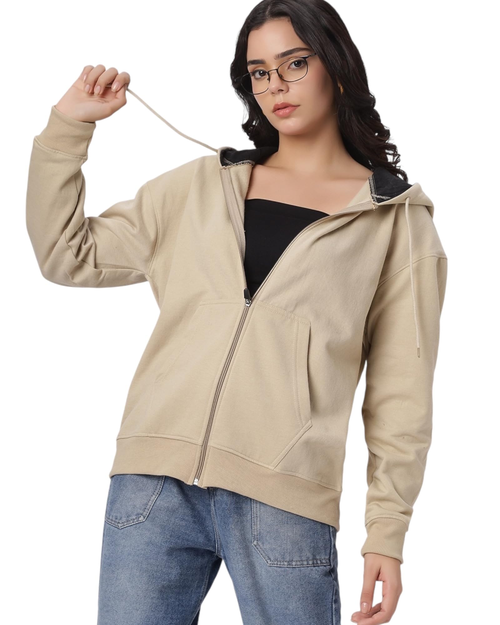 Solid Drop Shoulder Hooded Neck Long Sleeves Baggy Hoodie Winter Wear Zipper Jacket for Women's-image-45