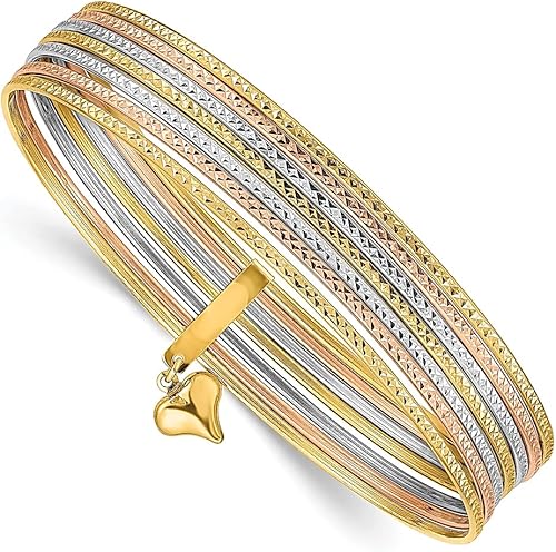 ICE CARATS 14k Dangle Heart Tri Color Gold Set Of 7 Slip On Bangle Bracelet Fine Jewelry For Women Gifts For Her