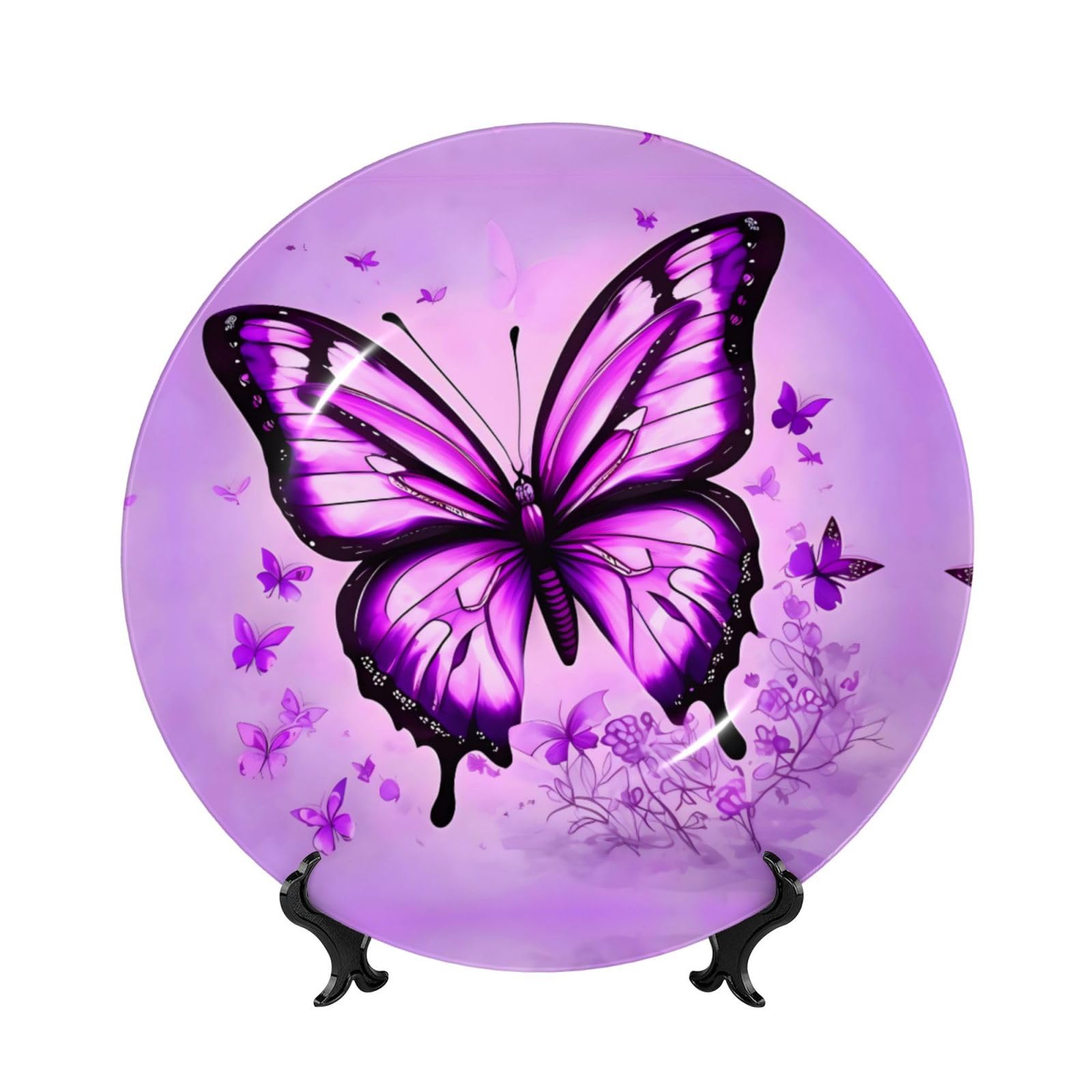 SXZVVBN Purple Butterfly Bone China Decorative Plate Art with Stand Removable Adhesive Hanging for Home Office 10in（25cm）
