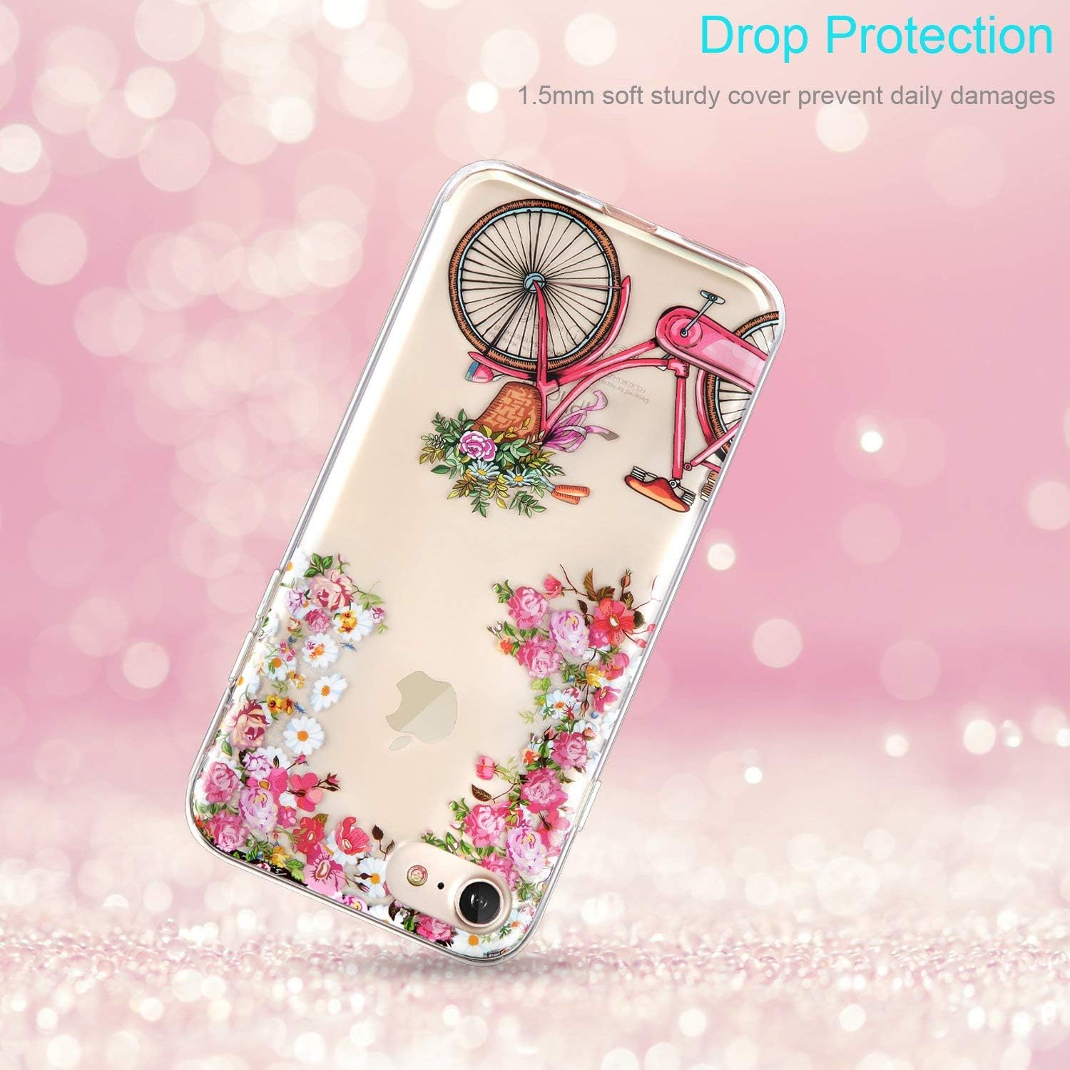 LUMARKE iPhone SE2 Case 2020,iPhone 7 Case,iPhone 8 Clear Case with Design for Girls Women,Soft Rubber Silicone Cover Protective Phone Case for iPhone 7/iPhone 8/New iPhone SE2 Floral and Bicycle