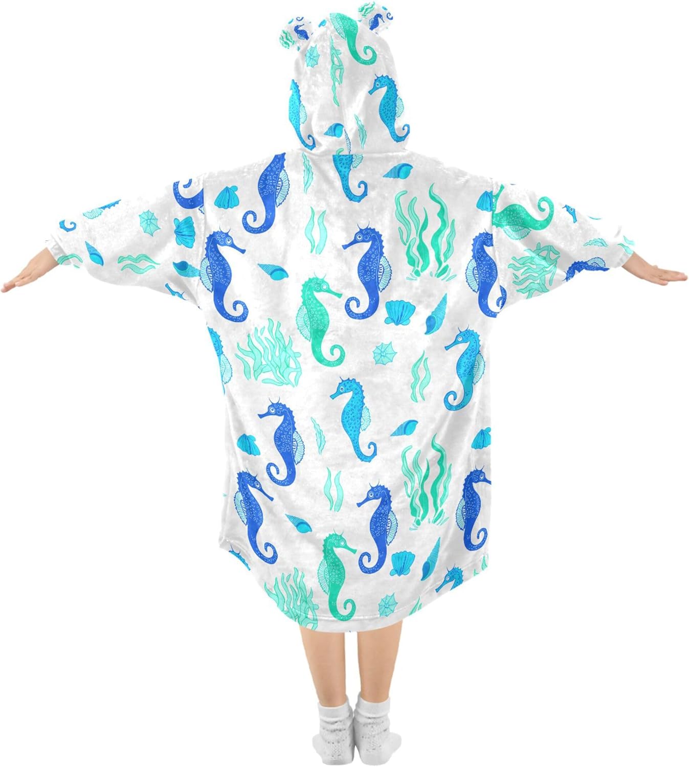 Seahorse Shell Kids Wearable Blanket Hoodie with Pocket and Sleeves for Toddlers, Cute Hoodies 3-14 Year Girls Boys