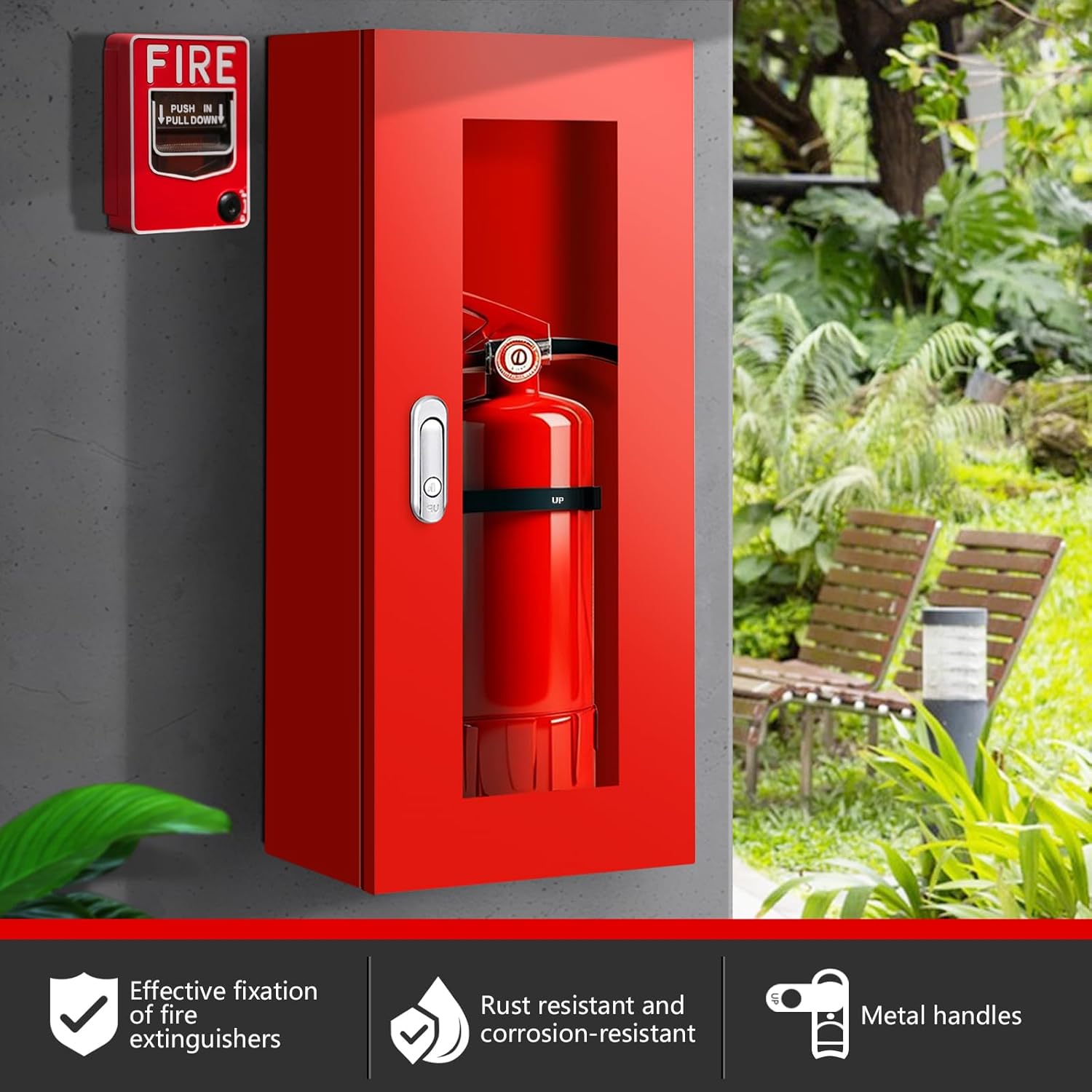 Fire Extinguisher Cabinet Wall and Surface Mount for 5-12 pounds Extinguisher, 23.6" H x 10.2" W x 6.7" D Red Steel Fire Extinguisher Mount with Lock for Indoor Outdoor, with Full Clear Acrylic Door