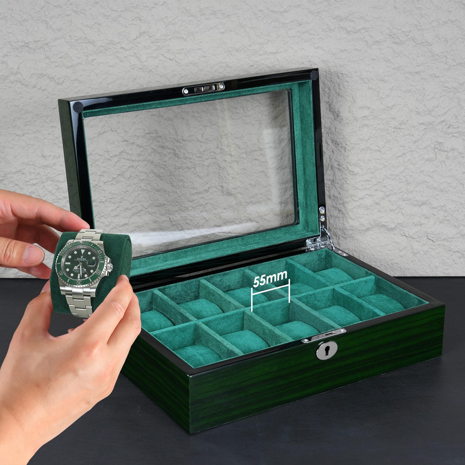 Caja organizadora de relojes para hombre, 10 relojes, pantalla de reloj inteligente, madera con interior de terciopelo suave, ventana de cristal grande, regalo para mujeres y hombres