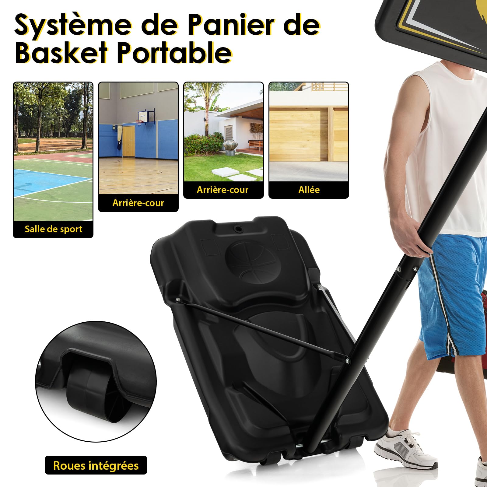 COSTWAY Panier de Basket-Ball sur Pieds Hauteur Réglable 130-305cm, Support de Basket Portable avec Roues et Base Rechargeable Résistant aux Intempéries, pour Intérieure & Extérieure