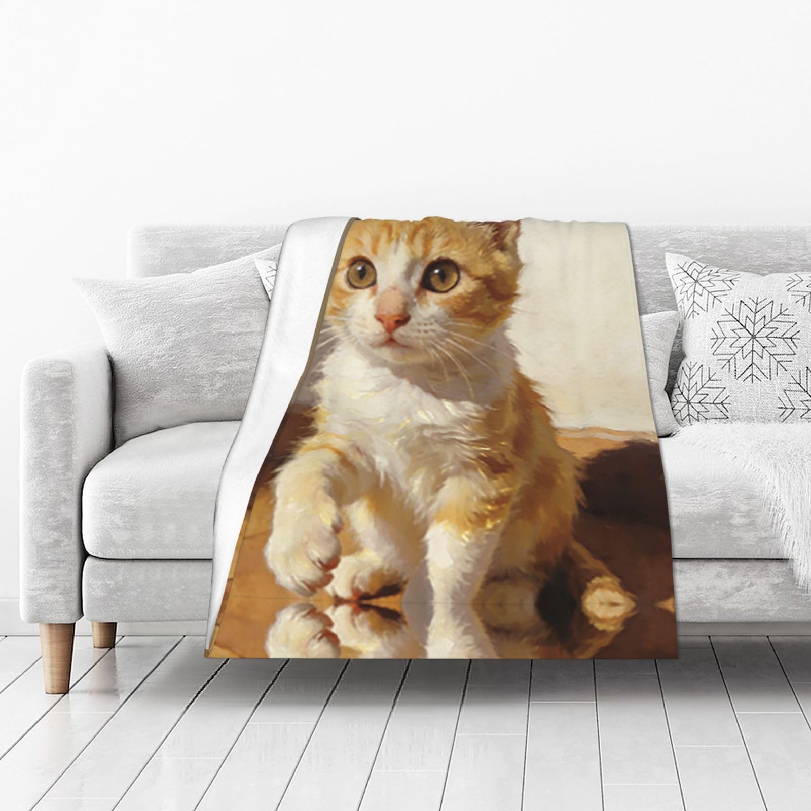 DUYIOKH Orange Kitten Print Thick Throw Blanket, Blanket for Couch Bed Warm Travel Blanket for Camping Movie Night