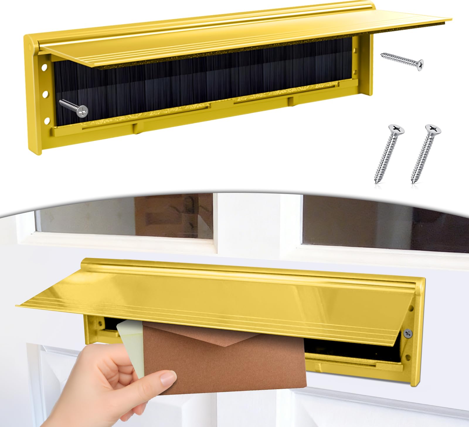 Door Letter Box Flap, 11.5’’ Letter Box Cover with Brush & Flap for Internal or External, Metal Letterbox Draught Excluder Suitable for UPVC Composite Wooden Doors, Gold