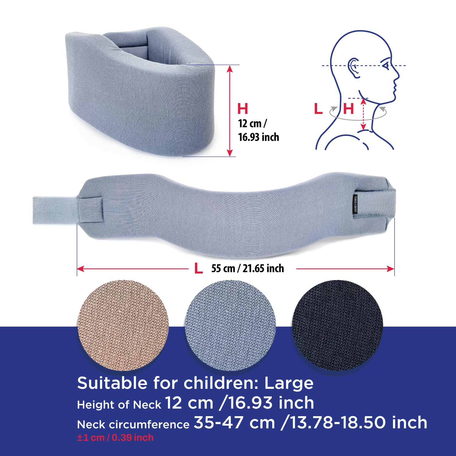 TOROS-GROUP Halbstarrer Halskrause Nackenstütze Erholung Halskrawatte Zervikalstütze - Einstellbarer 100% Baumwollgewebe - Entlastet Wirbelsäule, Muskel, Gelenkdruck LARGE Grau 12 cm