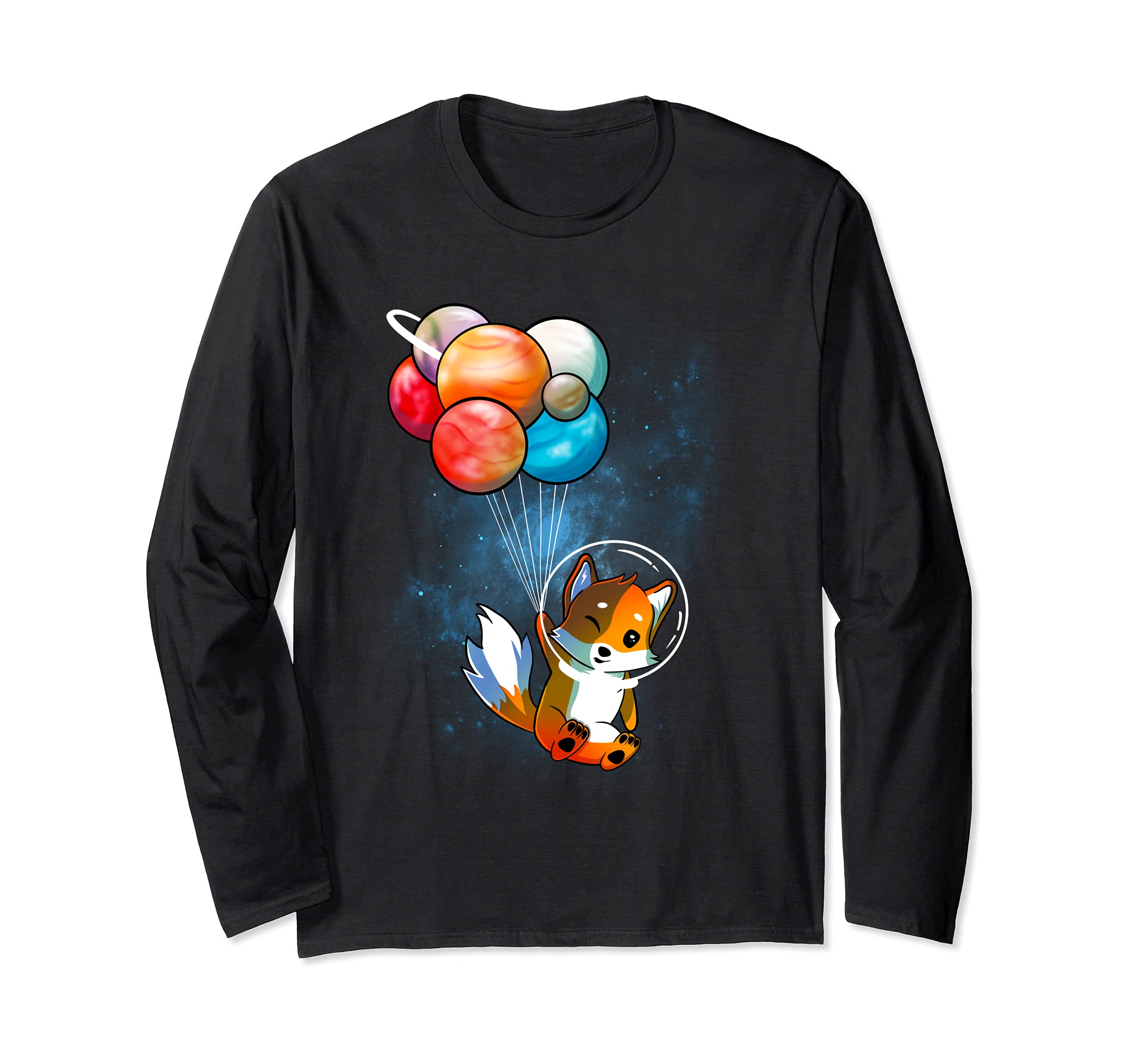 Funny Outer Space Fox Balloon Planets Space Travel Universe Long Sleeve T-Shirt, Black