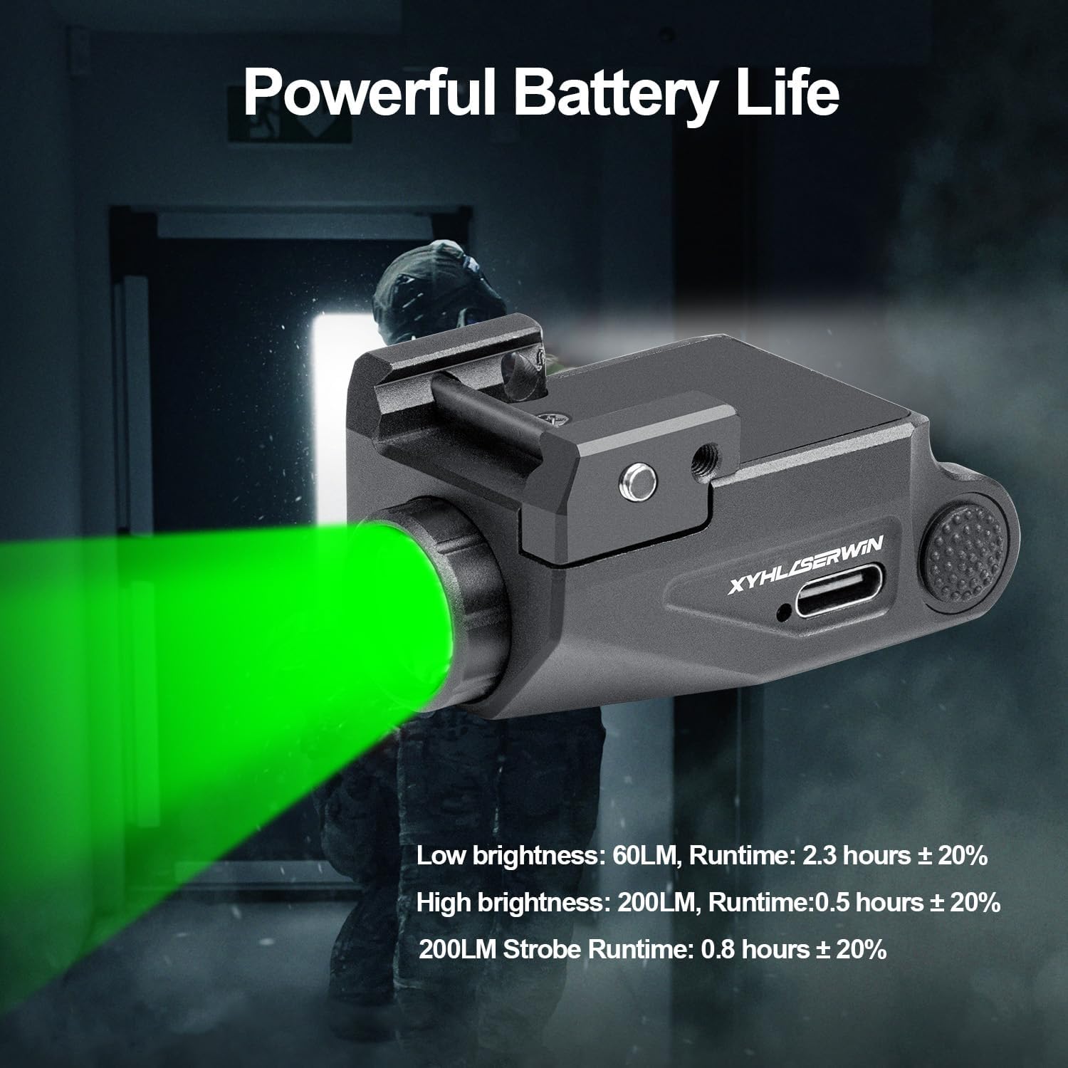 G10 500 Lumens Green Pistol Light,Picatinny Rail Mounted USB-TypeC Rechargeable Weapon Light, Aluminum Tactical Flashlight for Gun with Strobe Function Fits Full Size & Compact Guns w/R