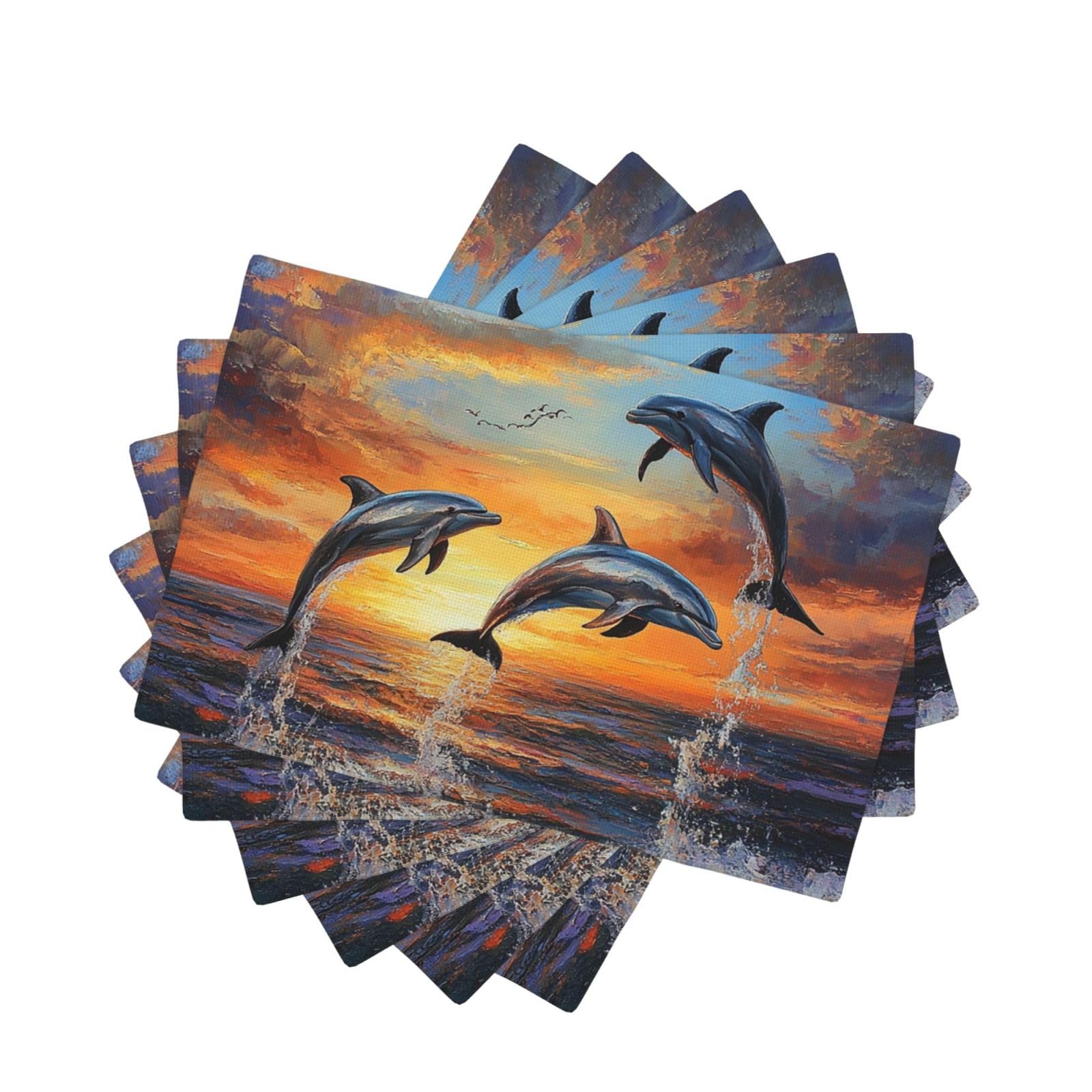 Placemats Set of One Size Washable Wipeable Table Mats Heat Resistant Weave Place Mats Dolphins at Sunset Placemats Wrinkle Free Place Mats for Dining Table Kitchen Decor
