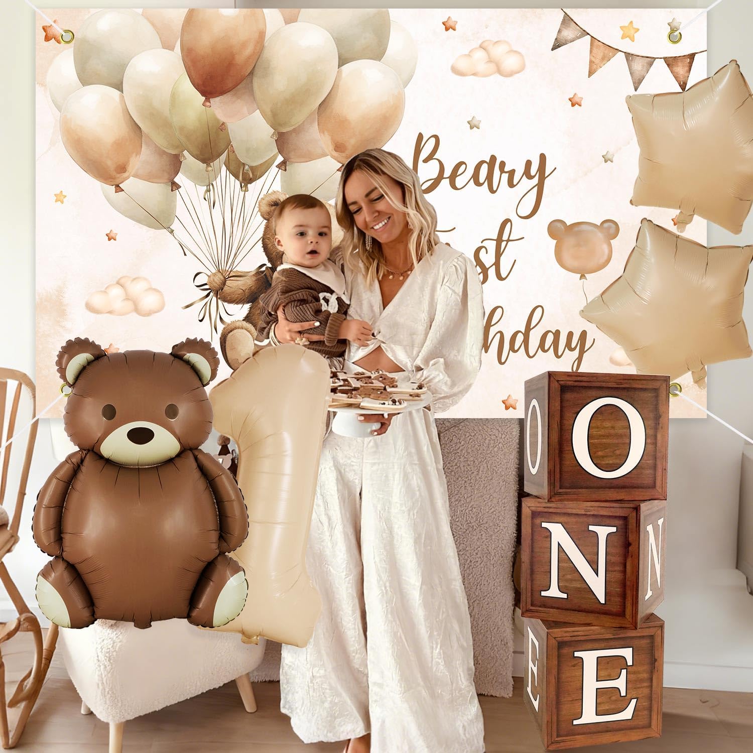 213pcs Beary First Birthday Decorations, Brown Teddy Bear One Year Old Plates Cups Napkins Forks, Month Banner, High Chair Banner, ONE Box, Balloon Arch, Crown, Tablecloth, Backdrop, Cake Topper