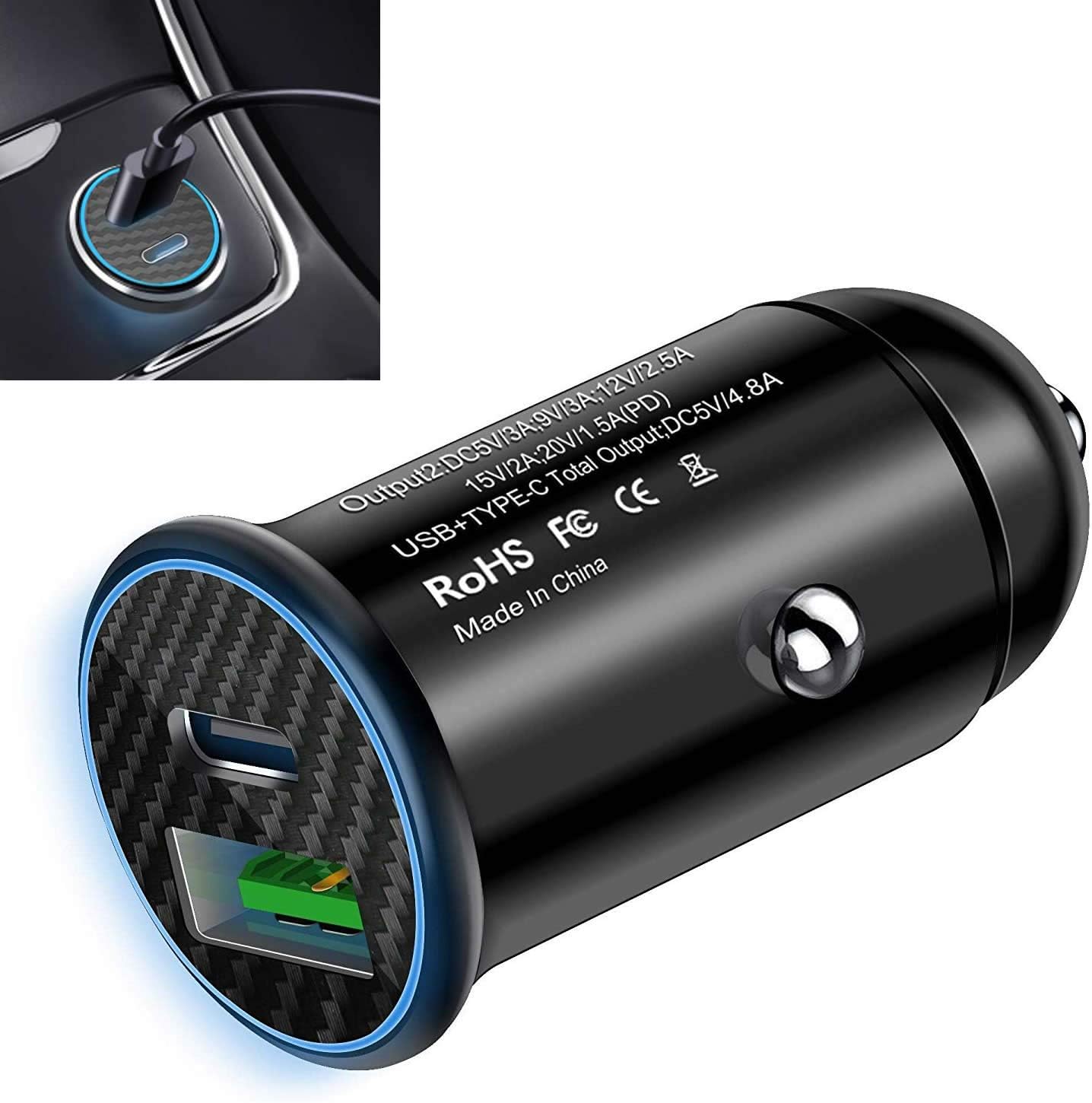 USB C Car Charger PD 30W Power Delivery 3.0 & Quick Charge Compact Dual USB Alloy Flush Fit for iPhone 11 Pro Max XR XS X 8 7 6 iPad Samsung Galaxy S10 S9 Note LG HTC Google Pixel Huawei Xperia Black