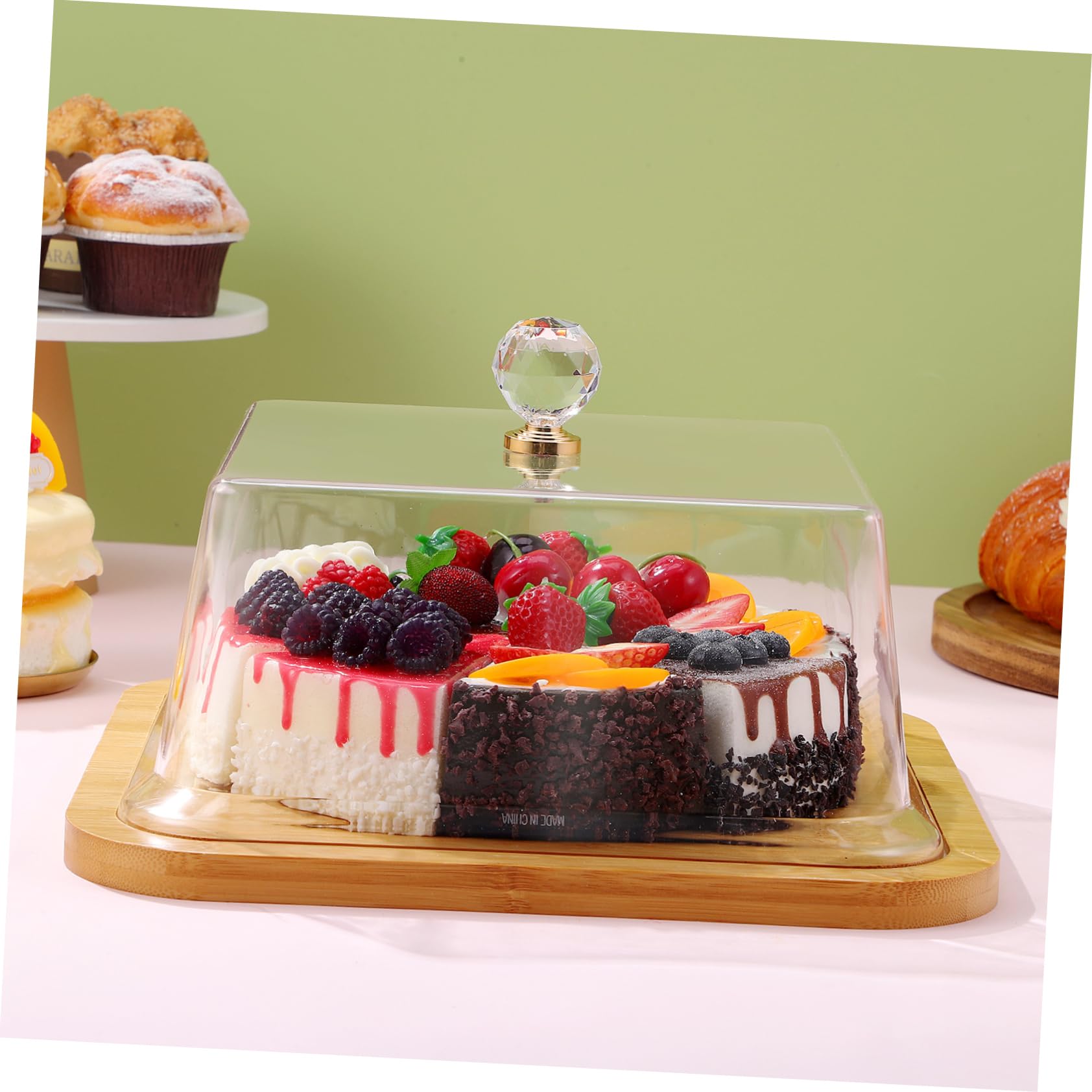 DECHOUS Soporte para Pasteles con Cúpula de Acrílico Transparente y Base de Madera, Adecuado para Pan y Postres en Pastelería