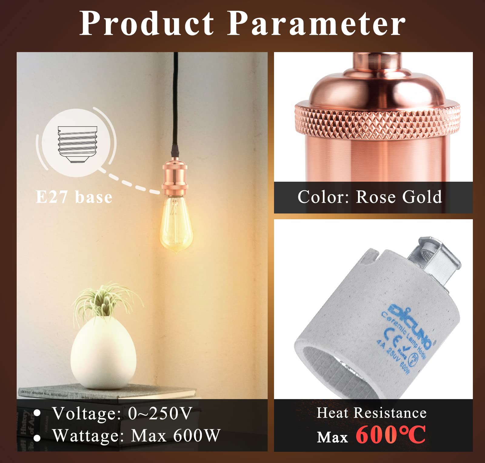 DiCUNO E27 Vintage Portalampada, Edison retro lampada a sospensione, Adattatore in ceramica solida, 10 Pezzi di oro rosa socket