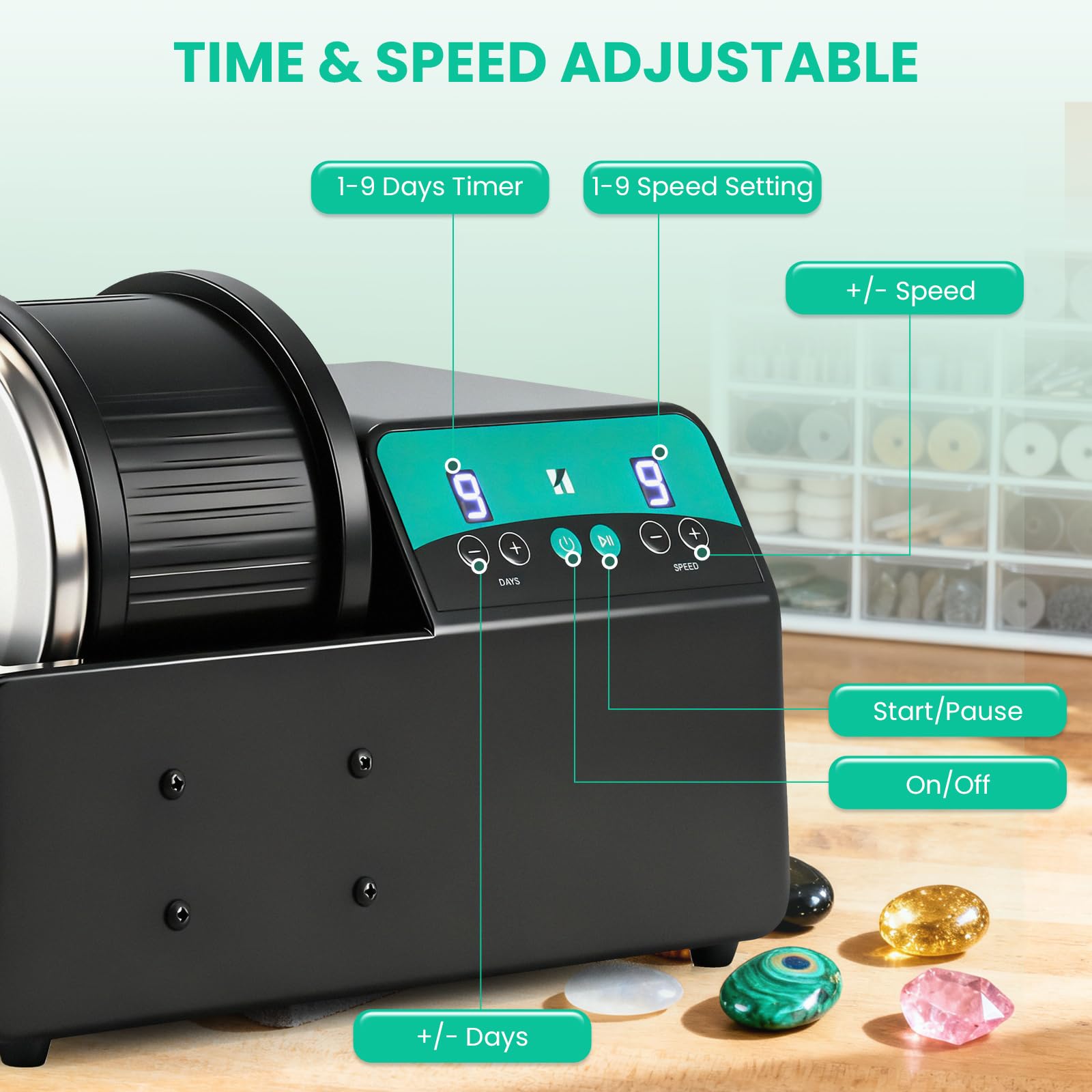Huanyu Pulidora de rocas capacidad máx. 1.8 kg, Motor de 9 Velocidades, Temporizador de 9 Días, Pulidora de Piedras, Incluye accesorios completos para adultos y coleccionistas aficionados al bricolaje
