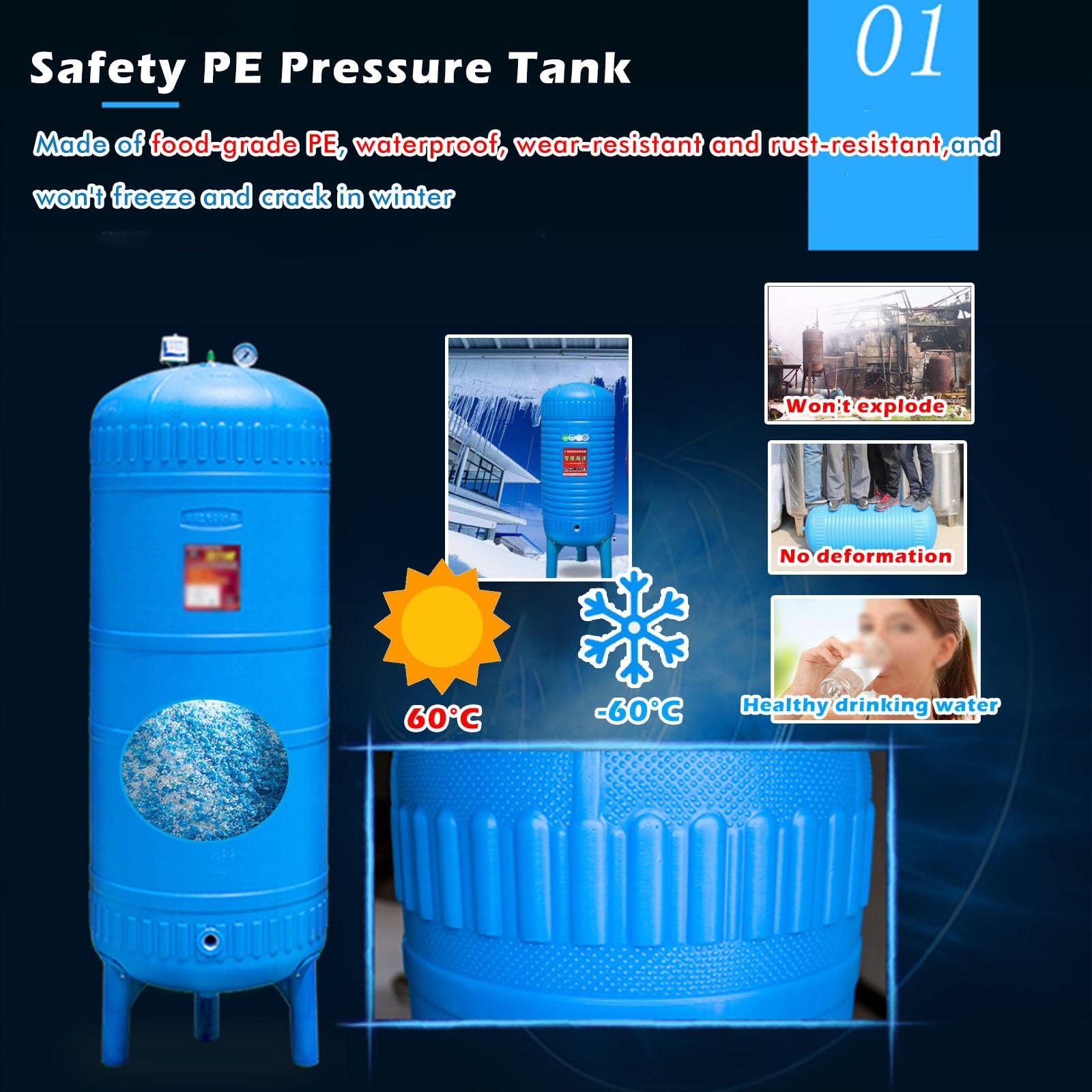 Tanque De PresióN De Pozo Tanque de presión para sistemas de agua PE, tanque de almacenamiento de agua prepresurizada con kit de instalación para bomba de pozo, tanques de presión para el hogar(50L/13
