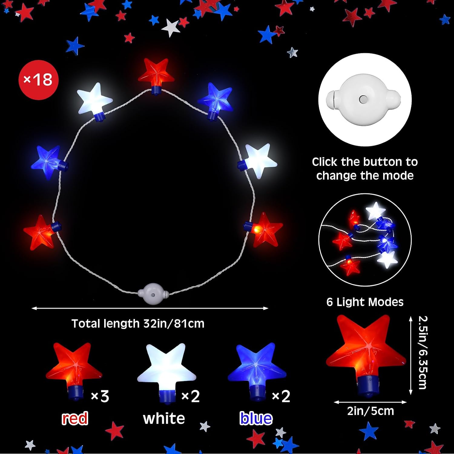 Yahenda 18 Pcs 250th Anniversary 4th of July Glow Necklaces LED Light up Patriotic Necklace with 6 Lighting Modes, Red White Blue Star Accessories for Memorial Day Independence Day Party Favor Parade