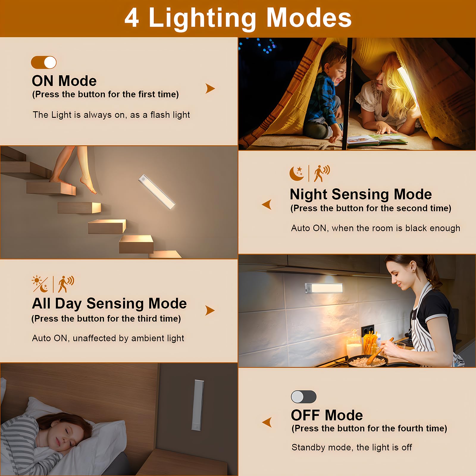 Exsight Under Cabinet Kitchen Lights, LED Motion Sensor Cupboard Light, 3 Color Temperature Stepless Dimming - Image 3
