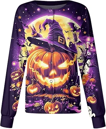 Printed Scrub Jackets for Woman Print Long Sleeve Plus Size Womens Scrubs for Women Nursing Jacket with Pockets
