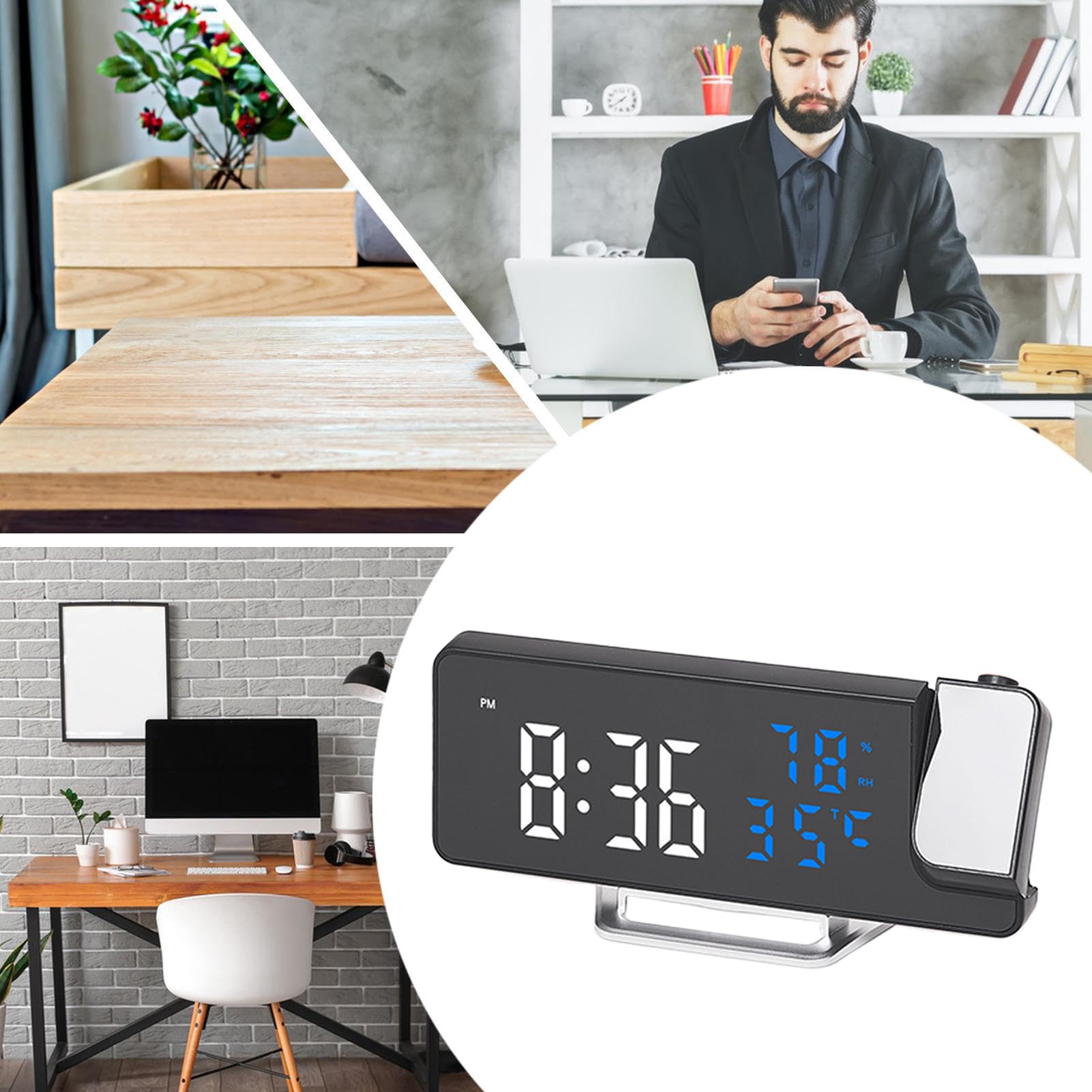 Alarma con proyección digital: reloj con pantalla giratoria ajustable, temporizador LED compacto, sensores de temperatura y humedad | Gadget para la habitación de oficina en casa de diseño elegante