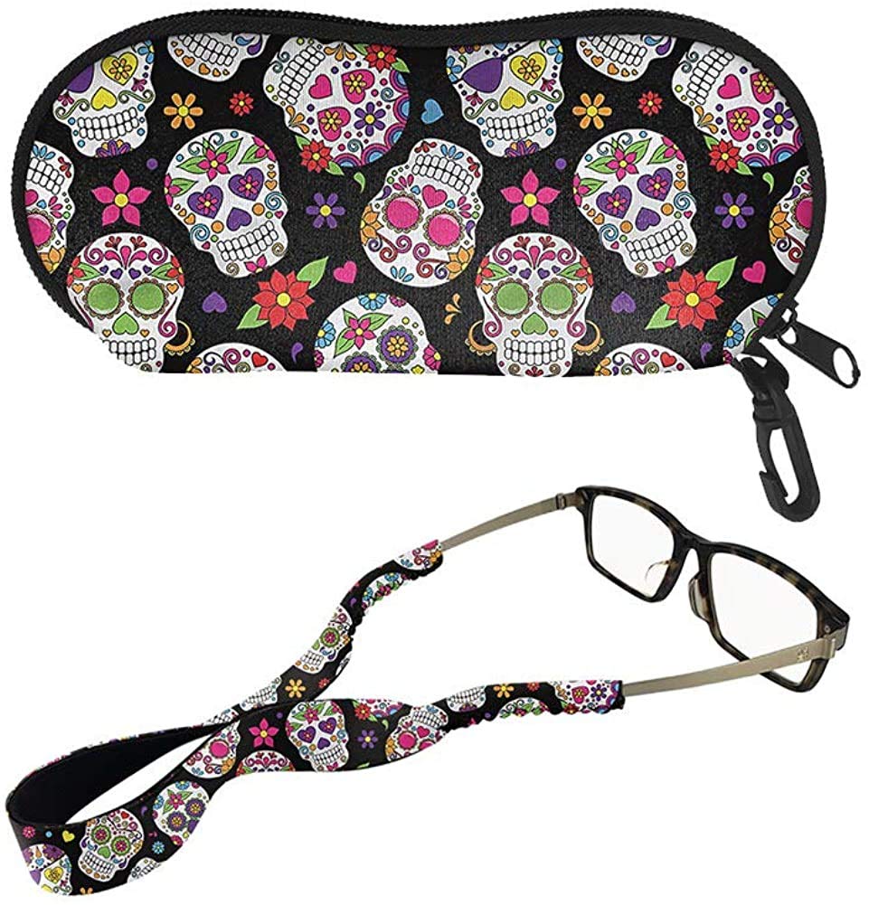 SEANATIVE Sugar Skull Printed Eyeglasses Case Zipper Box 2 Packs Combo Set with Glasses Neck Hanging Strap for Women Girls