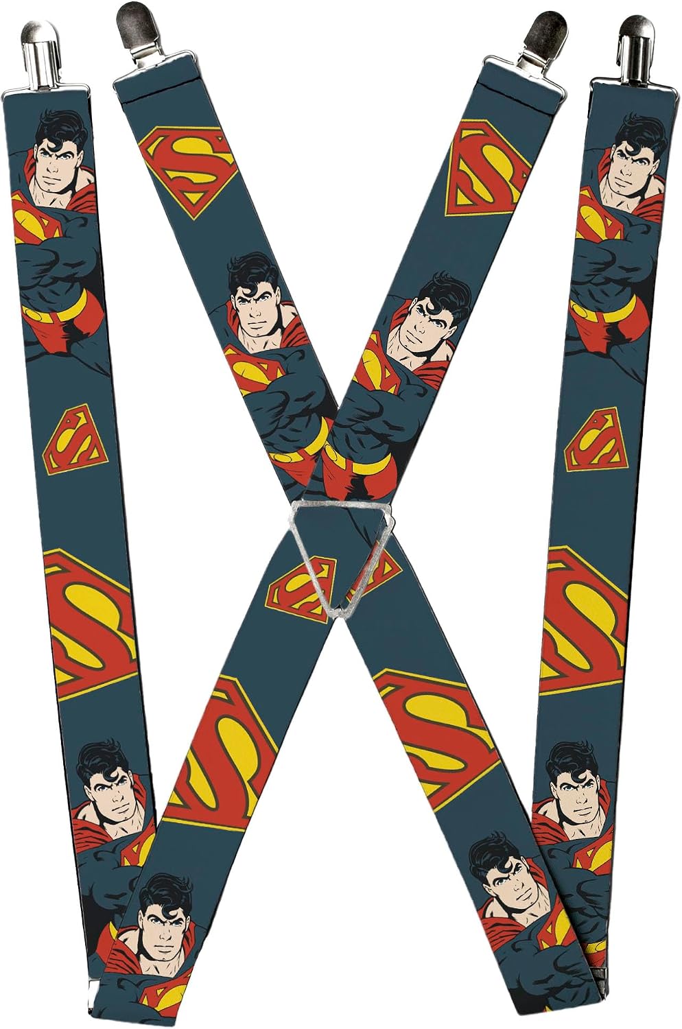 Buckle-Down DC Comics Suspenders, Superman Action Pose Scattered Shield Navy Gold Red