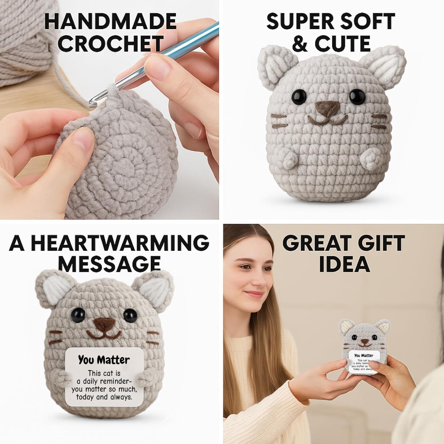 DEYBA Emotional Support Crochet Cat – Positive Crochet Animals, Inspirational Gift for Women, Men, Couples, Friends, Family, Birthday, Christmas, Romantic Valentine's Day Gift - Image 4
