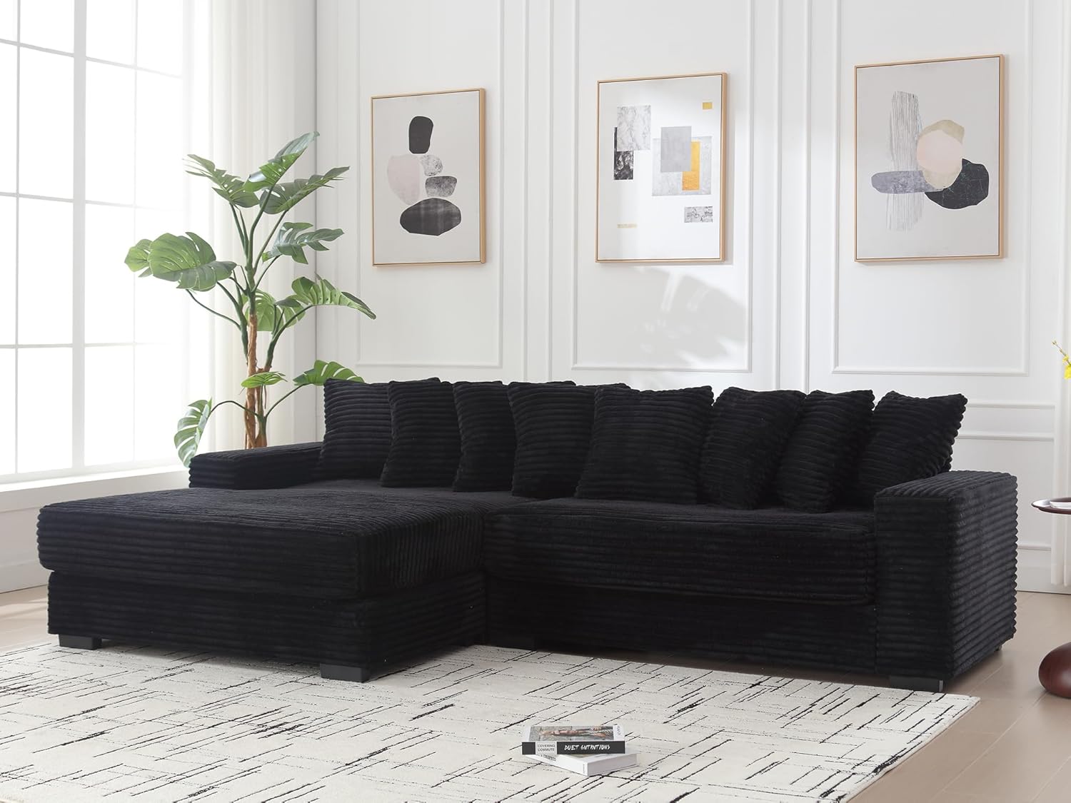 Modern Sectional Couch,111" W Corduroy L Shaped Couch with Chaise & 8 Throw Pillows,Upholstered Comfy Cloud Sofa,Deep Seat Corner Sofa Sleeper Bed for Living Room/Bedroom/Office(Left Facing,Black)