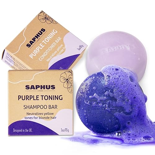 SAPHUS Juego de barra de champú y acondicionador morado para cabello rubio, neutraliza los tonos amarillos anaranjados latones, con pigmentos