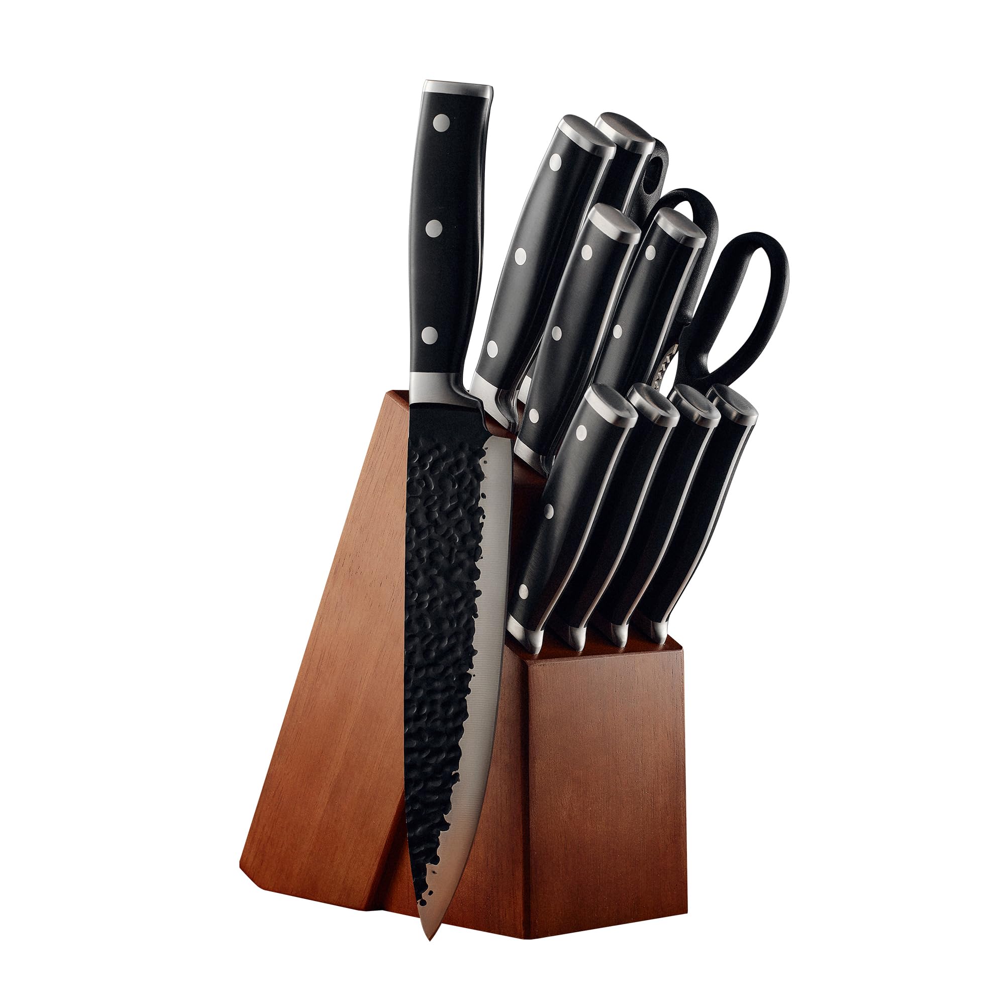 OrgreenicHammered High Carbon Steel Knife Set - Non-Stick Tsuchimi Blade Texture, Ergonomic Handle, Professional Sharpness for Precision Cutting - Includes Chef, Bread, Utility, and Steak Knives