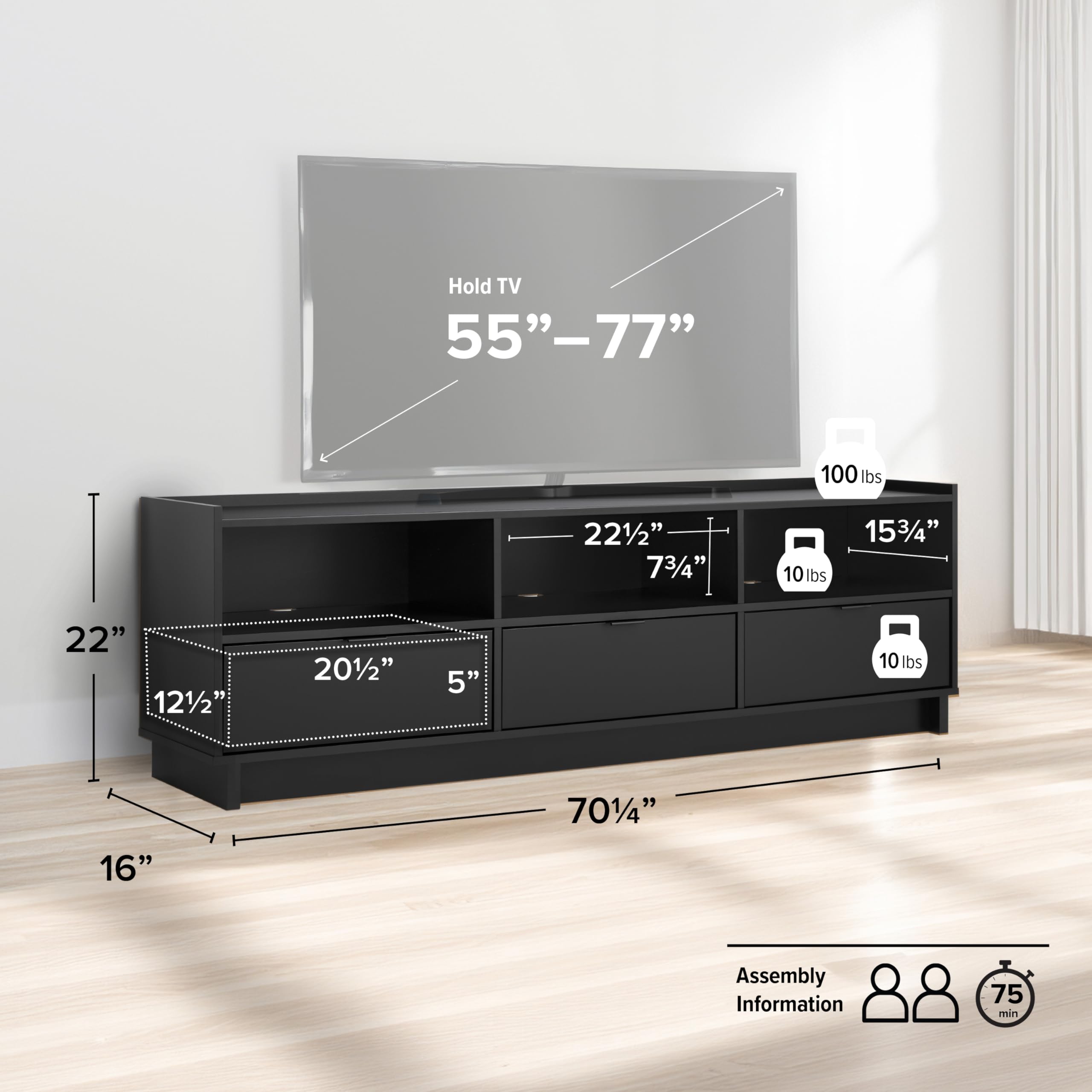 Prepac Simply Modern TV Stand, Black Storage Cabinet with Shelves, Living Room Storage Cabinet 70.25