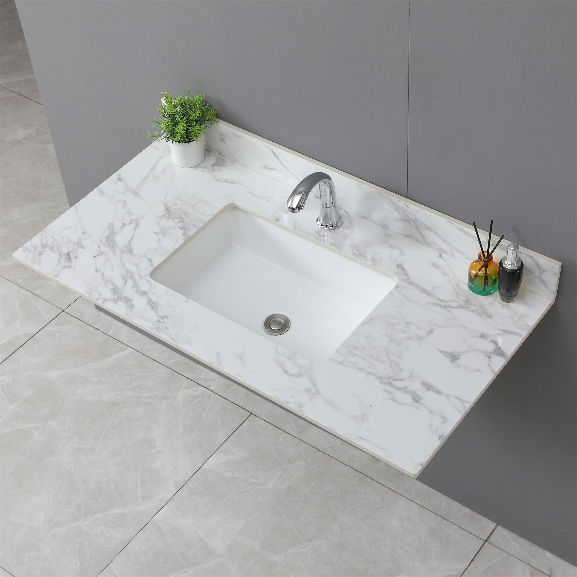 43" Bathroom Vanity Top with Ceramic Undermount Sink & Backsplash,Binaco Carrara White Sintered Stone Counter Top Vanity Sink Top, Single Hole