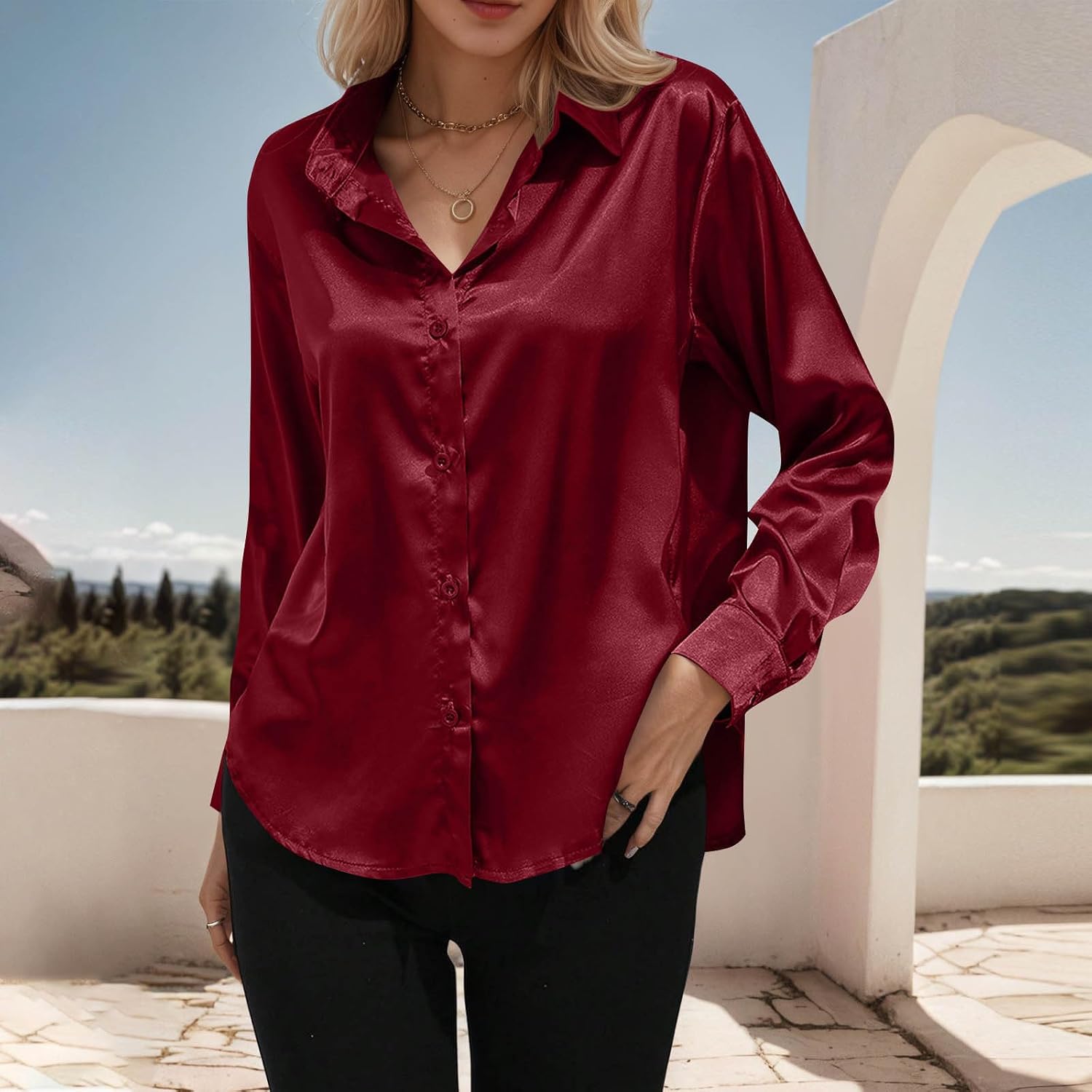 Women Button Down Shirt Long Sleeve Business Casual Lapel Collar Work Tops Fall Fashion Solid Color Loose Blouses