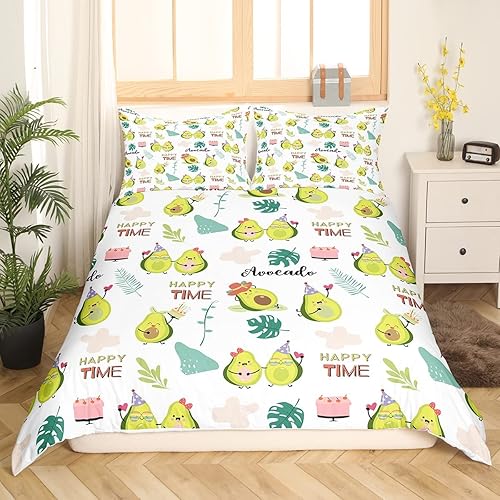 Juego de funda de edredón de aguacate verde amarillo aguacate Kawaii lindo juego de ropa de cama para niños y niñas con hojas tropicales, bonita