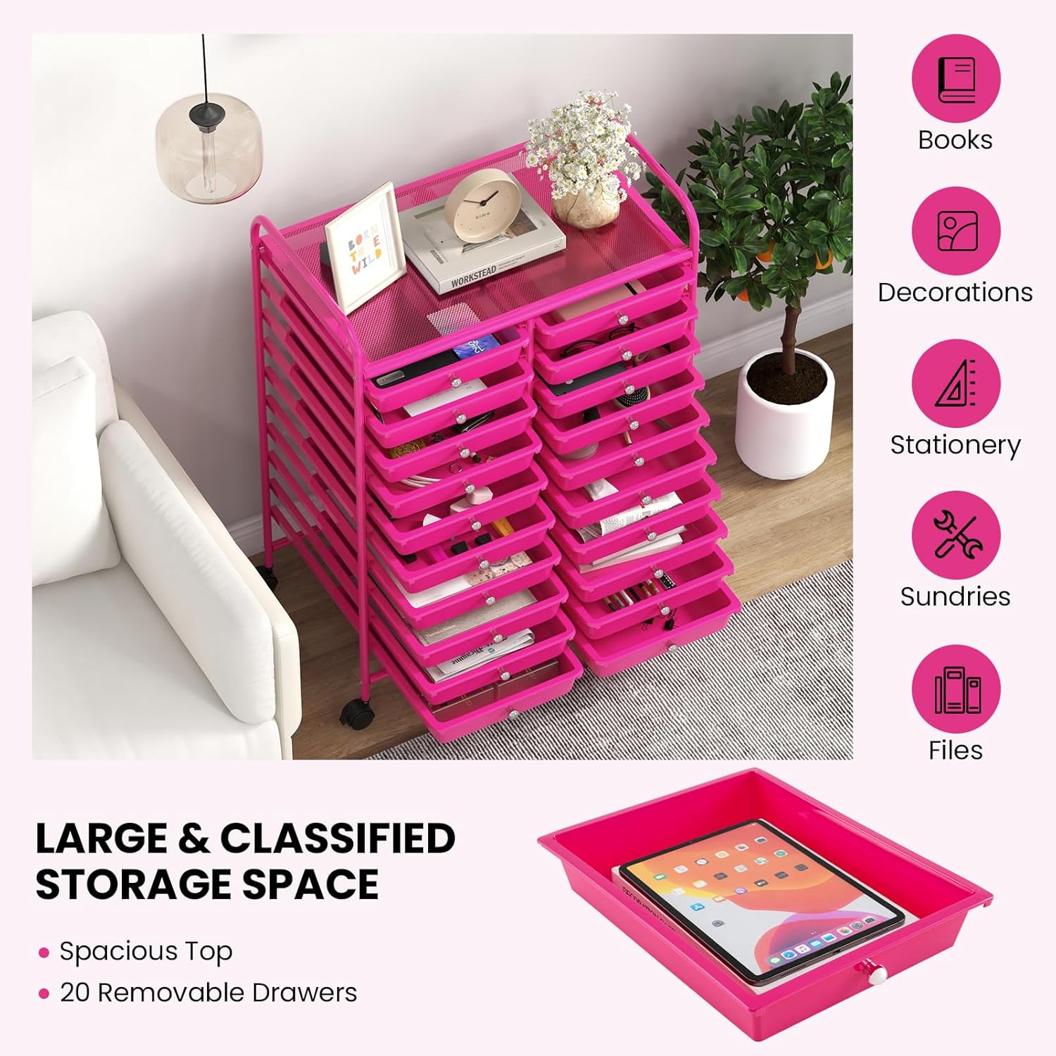 Happygrill 20-Drawer Organizer Cart Tools, Mobile Utility Storage Cart with Removable Drawers & Lockable Wheels, Rolling Storage Cart with wheels for Home Office School (Hot Pink)