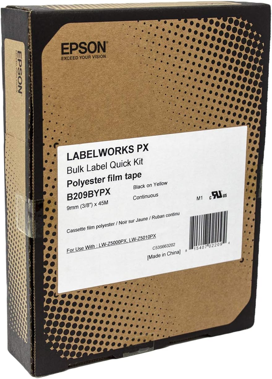 Epson LABELWORKS B209BYPX Genuine Bulk Continuous PET (Polyester) Tape - Black on Yellow Standard Industrial Label Maker Tape - 3/8" (9MM) Wide, 147.6 ft