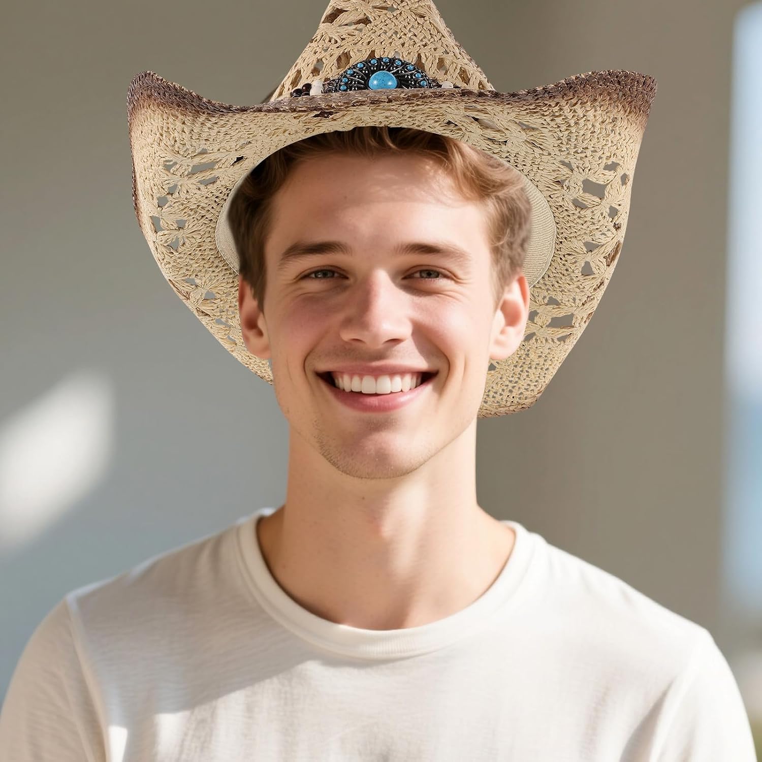 Straw Cowboy Hat for Men and Women, Wide Brim Beige Sun