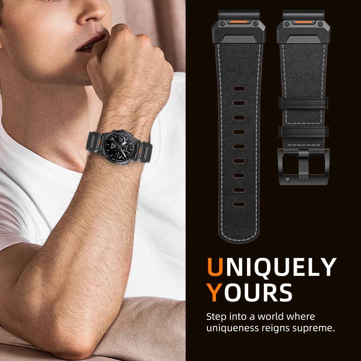 Genuine Leather Ultra Bands 22mm 26mm Designed for Garmin Fenix 8 47mm 51MM/Fenix 5/Fenix 6/Fenix 7/Fenix 5X Plus/Fenix 3/Fenix 6X Pro, Quick Fit Rugged Military Band for Fenix 5X/6X/7X/Forerunner 935/Men