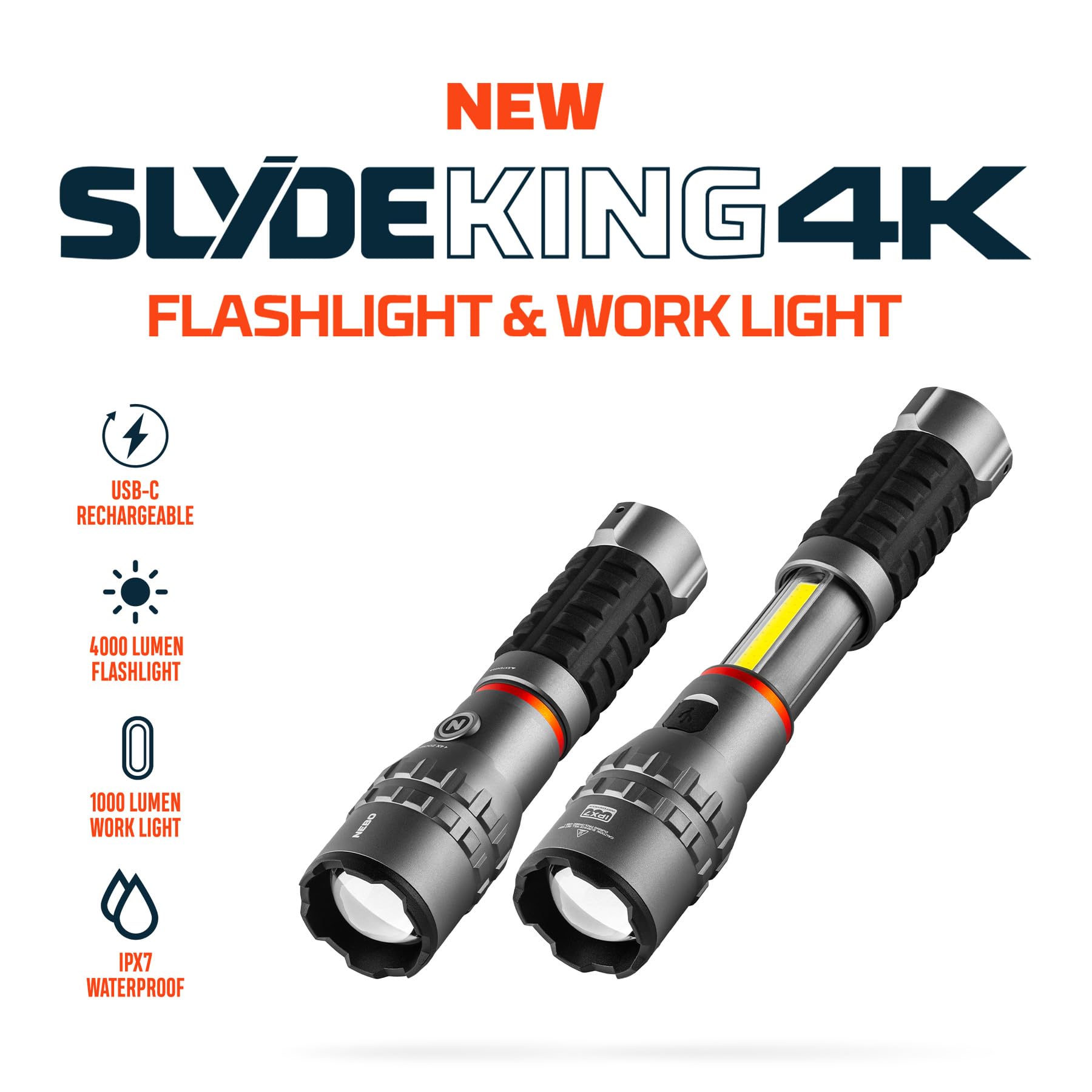 NEBO Slyde King 4K Linterna y Luz de Trabajo – 4.000 Lm + COB 1.000 Lm | 7 Modos | Slide-to-Reveal Patentado | Zoom 4x | Rojo Emergencia | Base Magnética | IPX7 | USB-C