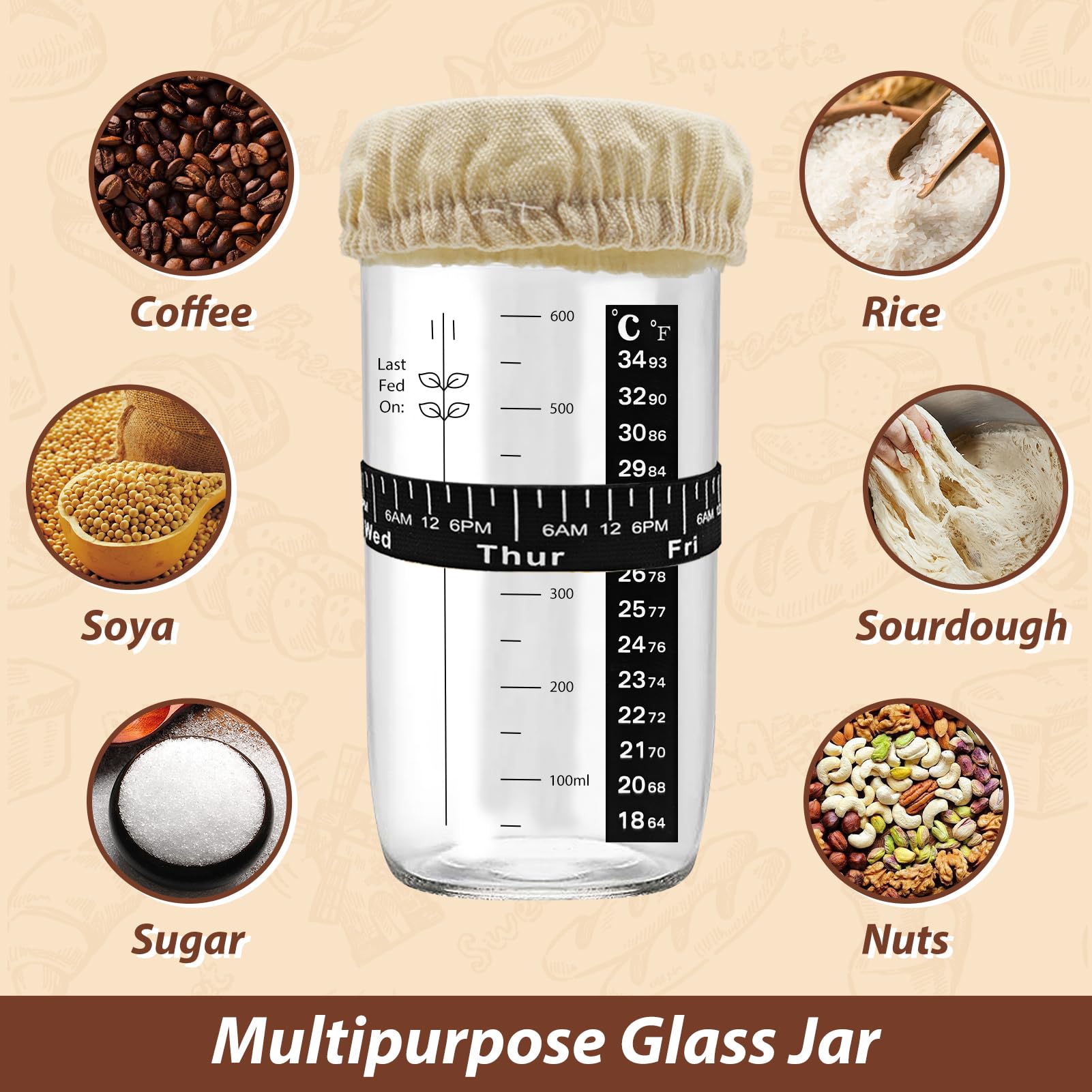 Set per lievito madre Madre con Spatola, Raschietto, Coperchio in Alluminio a Bocca Larga, Termometro, Fascia in Gomma Datata per Lievitazione e Copertura di Stoffa (1PC(24oz/700ml))