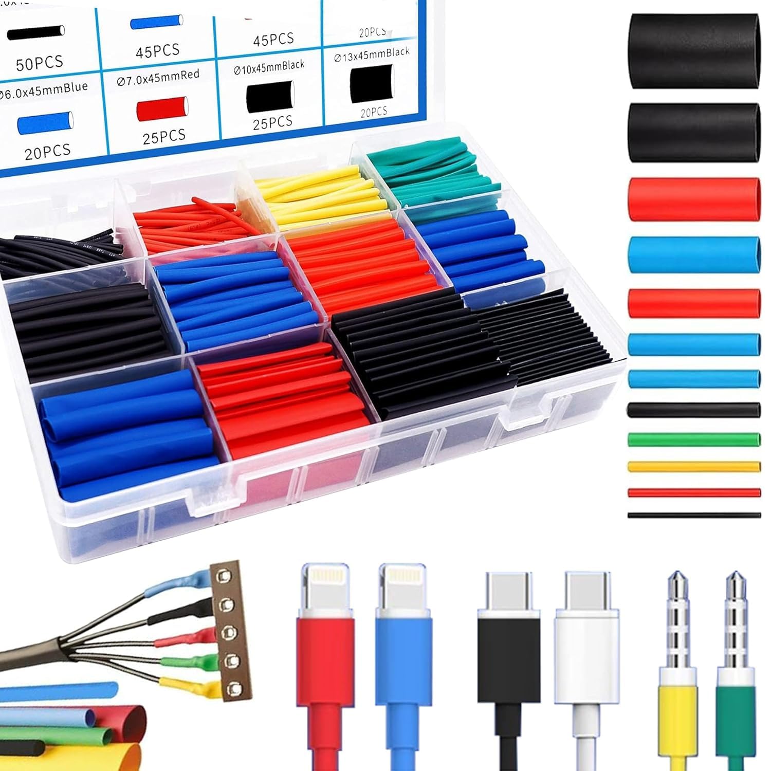 BELLOX 560Pieces Heat Shrink Tubing 2:1- Electrical Wire Cable Sleeving Wrap, Cable Wrap Assortment Electric Insulation Heat Shrink Tube Kit with Box(5 colors/12 Sizes) Black, Red, Blue,Yellow,Green-image-39