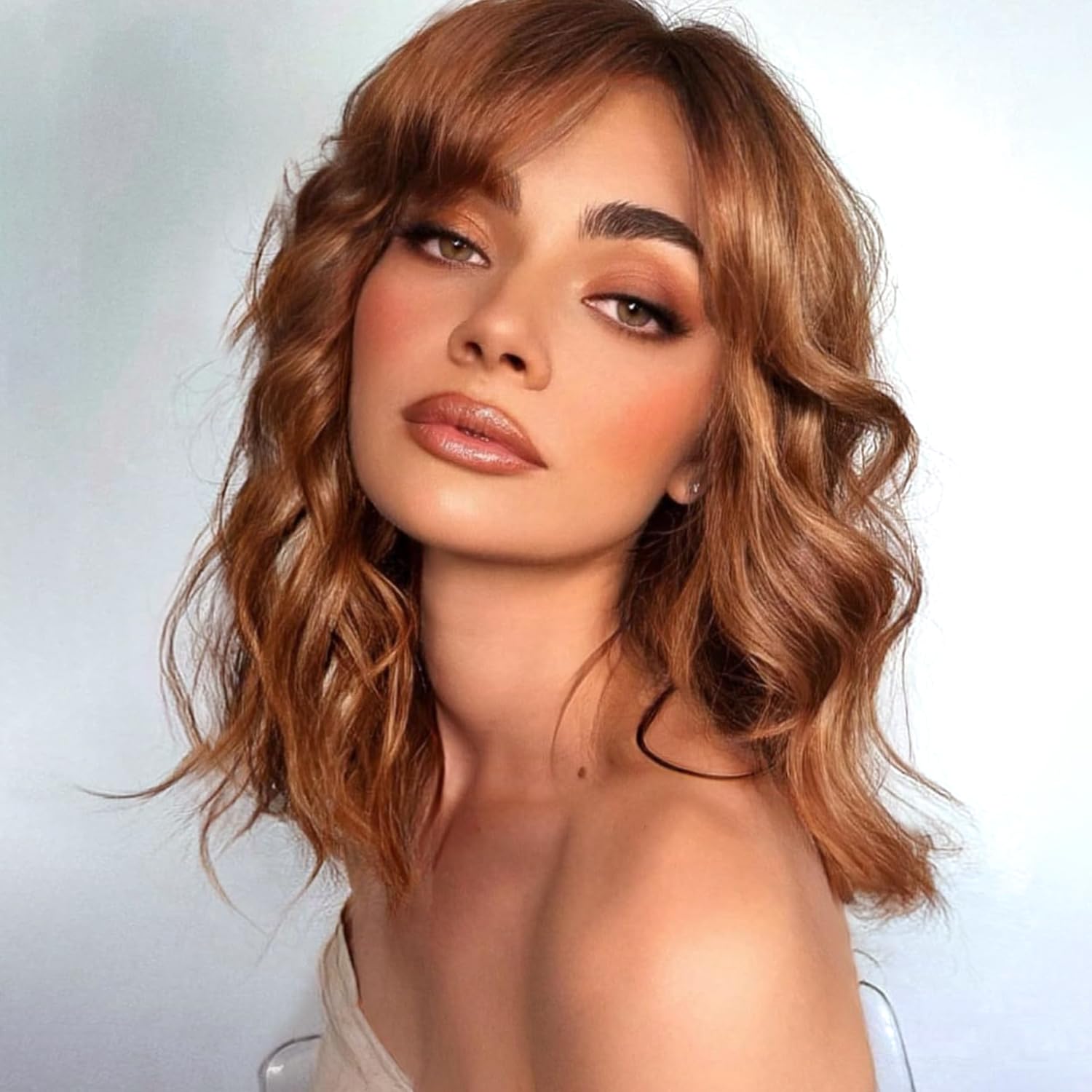 PORSMEER Auburn Brown Short Wavy Bob Wigs with Lace Middle Parting for Women Girls Natural Shoulder Length Synthetic Hair Wig Realistic Looking Wigs for Daily Party Use 14”