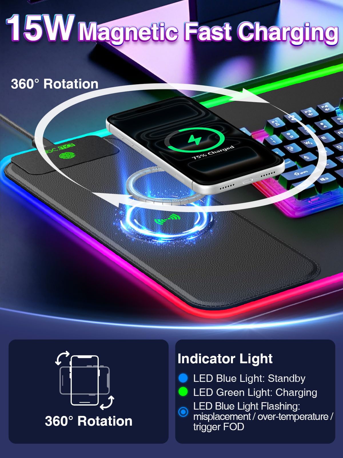 Tappetino per mouse RGB con ricarica wireless magnetica, 80 x 30 cm, grande tappetino da scrivania a LED, 24 effetti di luce, base in gomma antiscivolo, superficie ultra liscia impermeabile