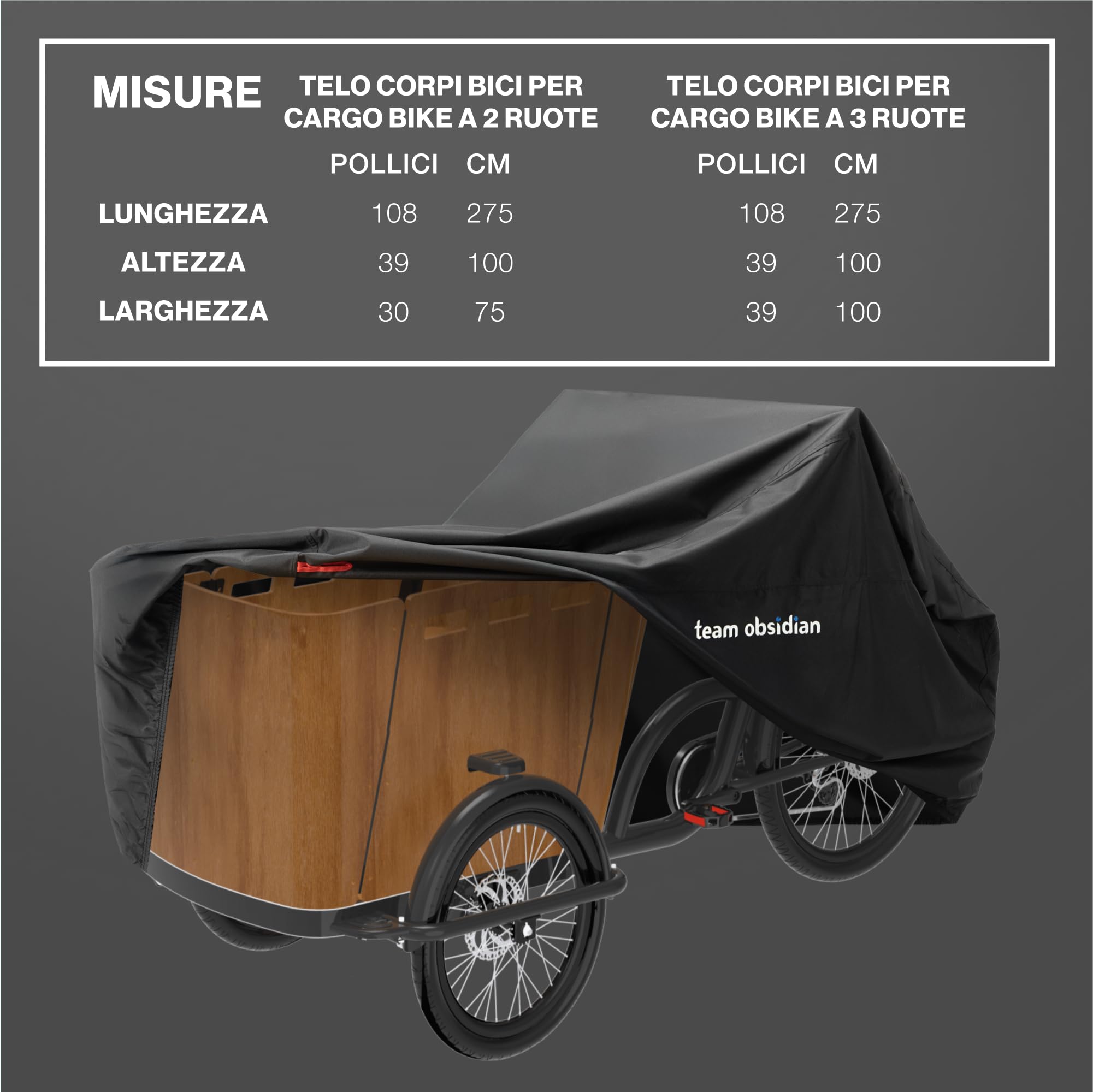 TeamObsidian Copribici per Cargo Bike - Telo Copri Bicicletta da Esterno - Telo Copri Bici in Poliestere 600D - Copribicicletta per Bici Trasporto a 3 Ruote