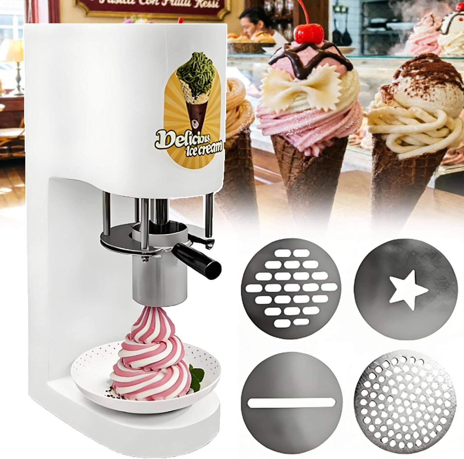 Kommerzielle Spaghetti-EIS Presse, Eiscreme Maschine Klein Mit 4 Aufsätzen, 30l/H Ausstoß, Softeismaschine Für Zuhause Gastronomie, Ice Cream Maker Für Dessert Buffet Catering Events White