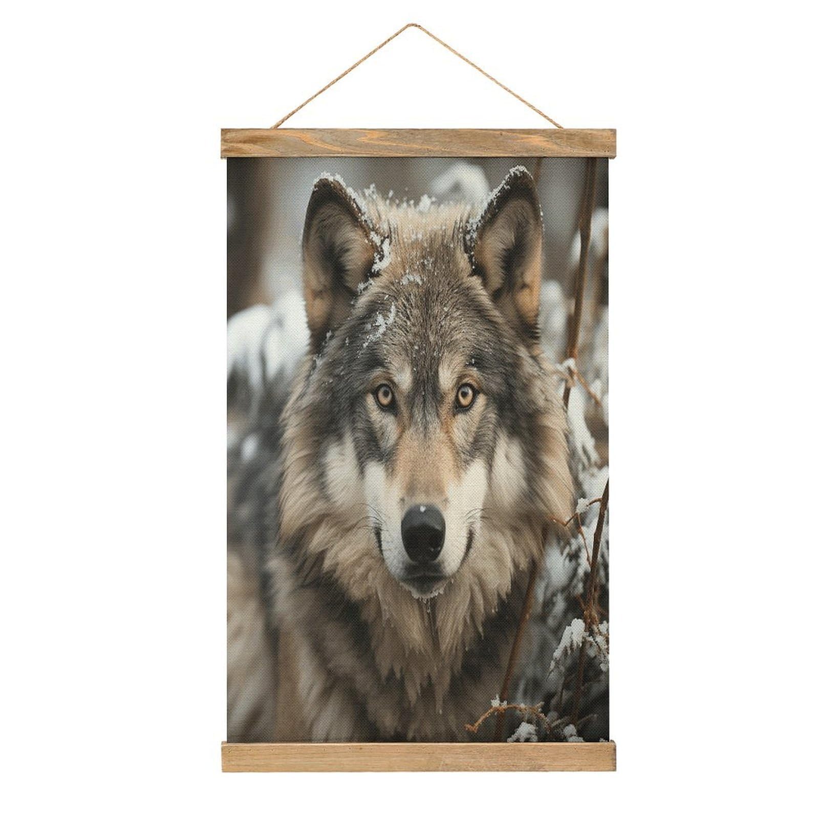 VstaDank Lmage of Wolf in The Snow Hanging Poster with Wooden Frame Modern Linen Hanging Painting Retro Style Wall Decor Art Painting for Living Room,Bedroom Decor Poster Frame 20.4x13.1inch