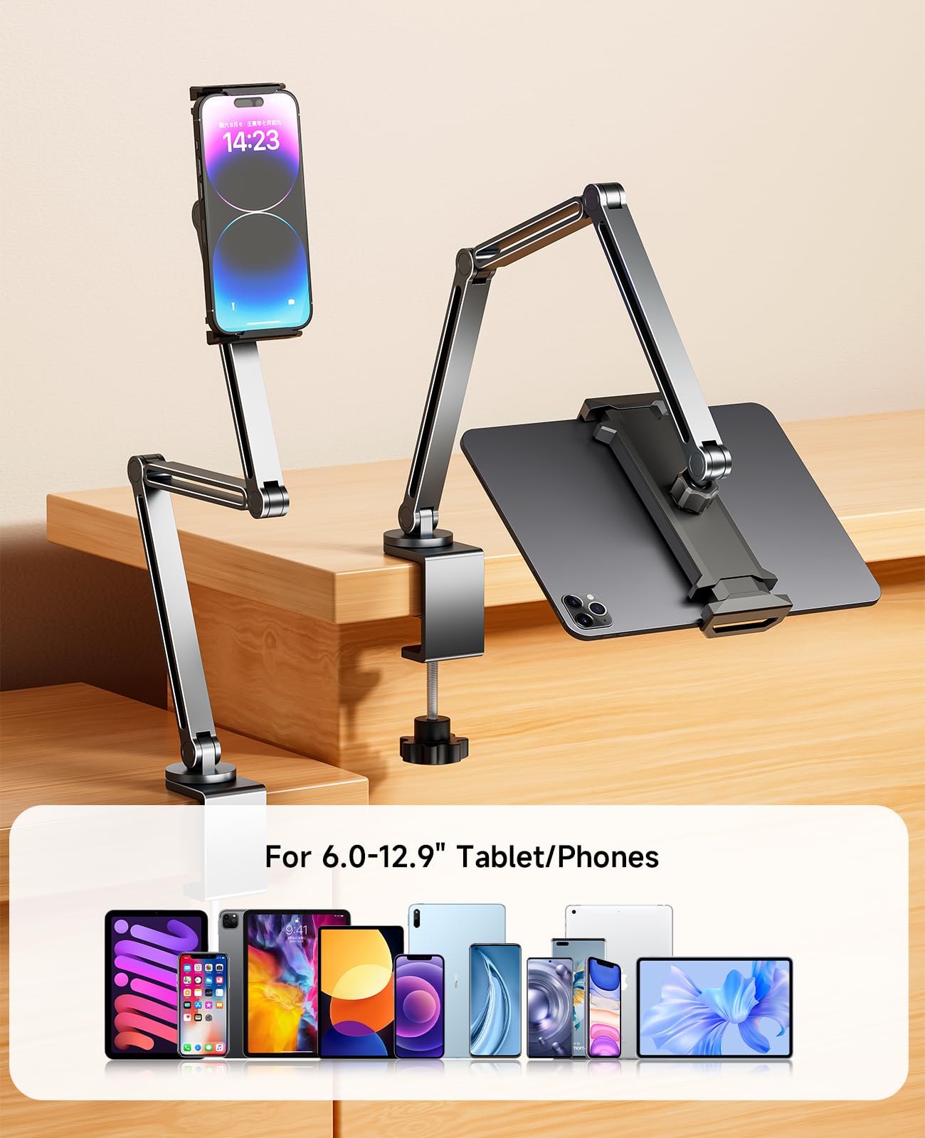 YICOSUN Robuste 3-teilige Tablet-Armhalterung, Luftfahrt-Aluminium, 360°-Dämpfungsklemme, super griffige C-Klemme für 4-15,6 Zoll iPad, Tablet, Handy, tragbarer Monitor, E-Reader, Schreibtisch, Bett